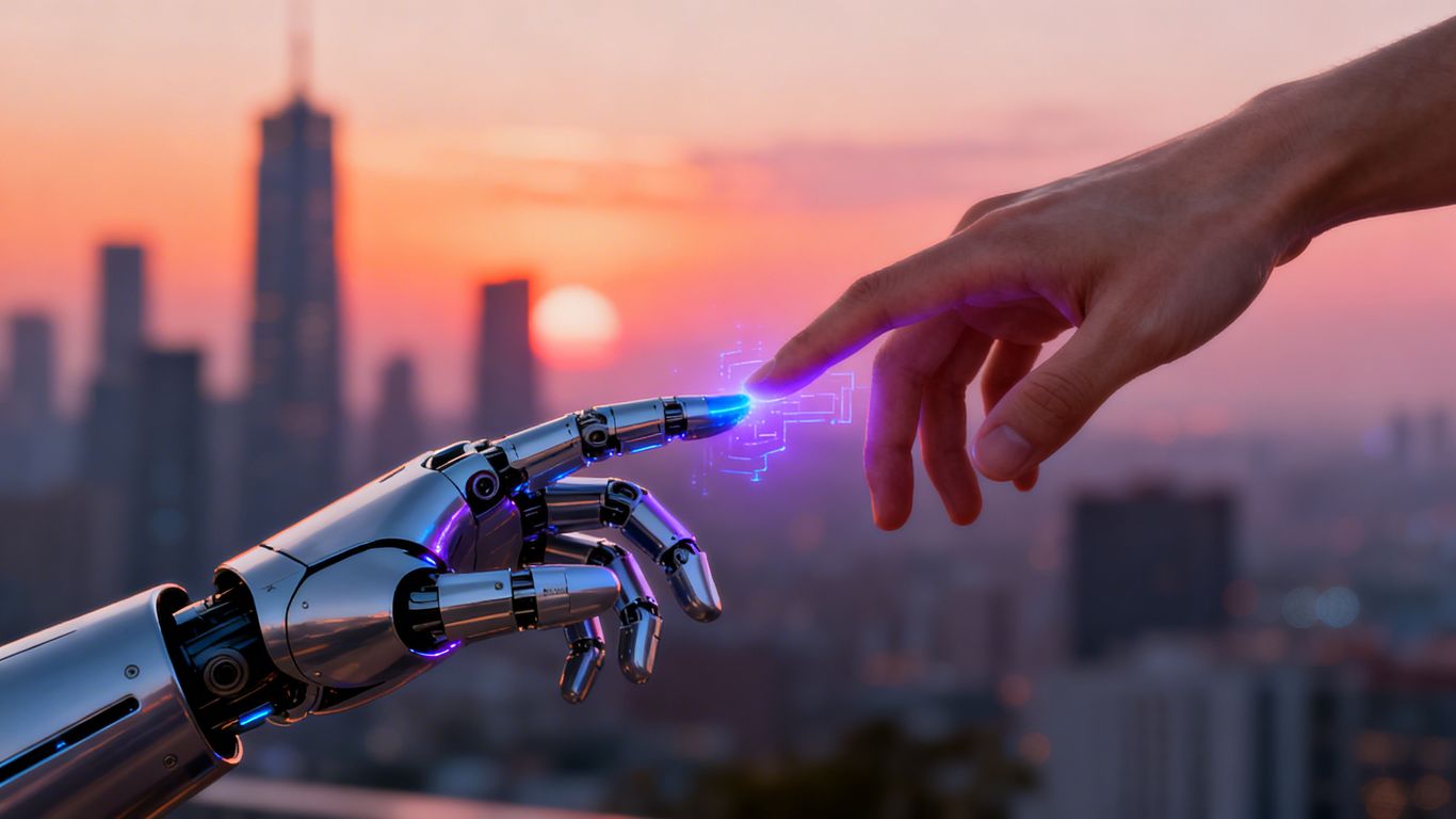 Robot and human hands connecting, digital glow, cityscape background.