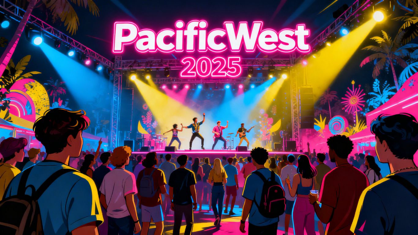 Excited crowd at PacificWest 2025 event with bright lights.