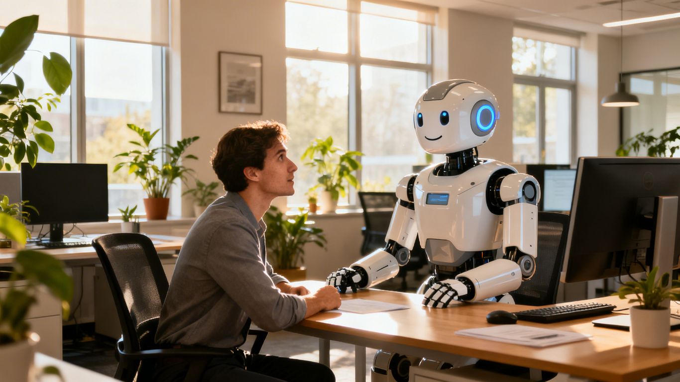 Businessperson and robot coworker in modern office
