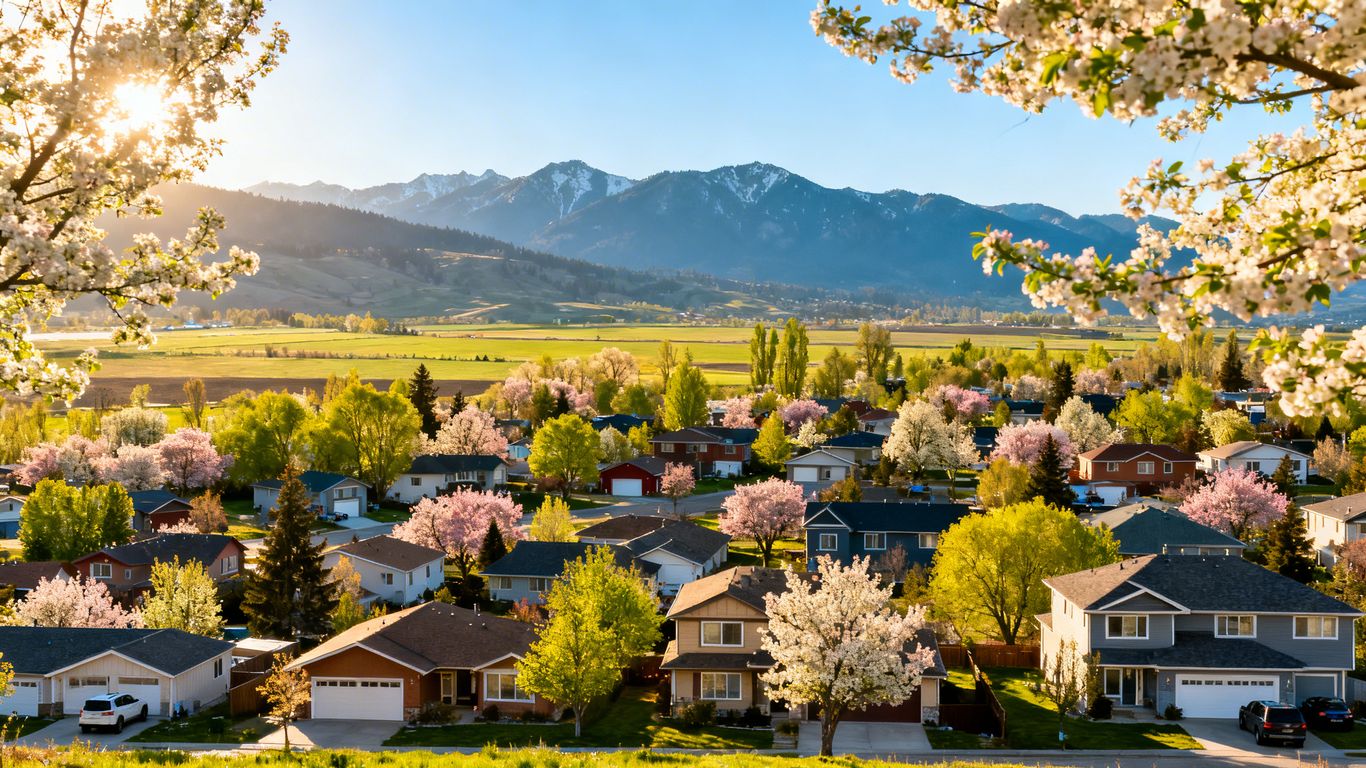Fraser Valley homes with blooming trees and mountains.