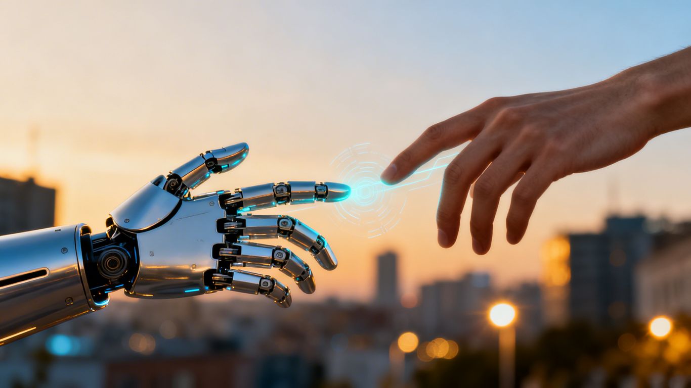 Robot and human hands connecting, digital glow, cityscape background.