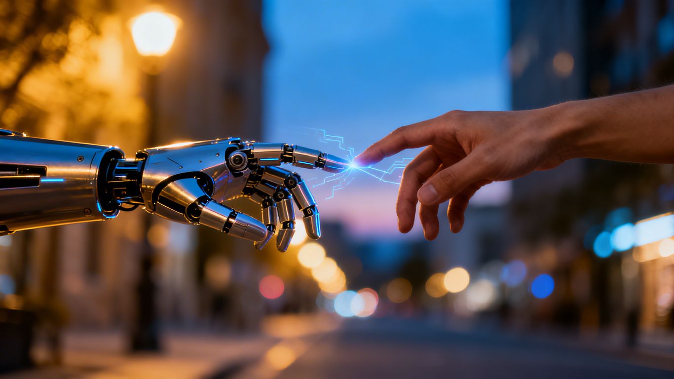 Robot and human hands connecting, digital glow, cityscape background.