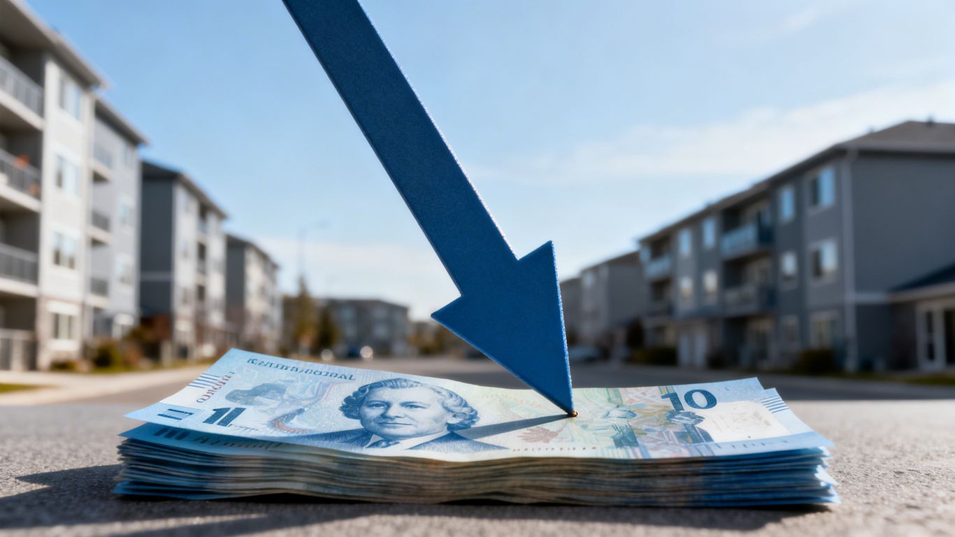 Canadian money falling with apartment buildings in background.