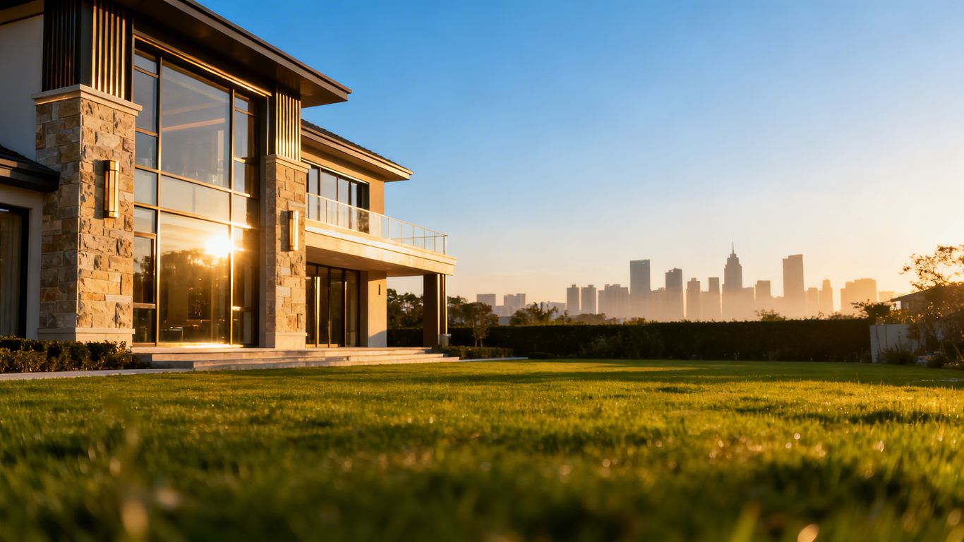 Modern house with city skyline in background.