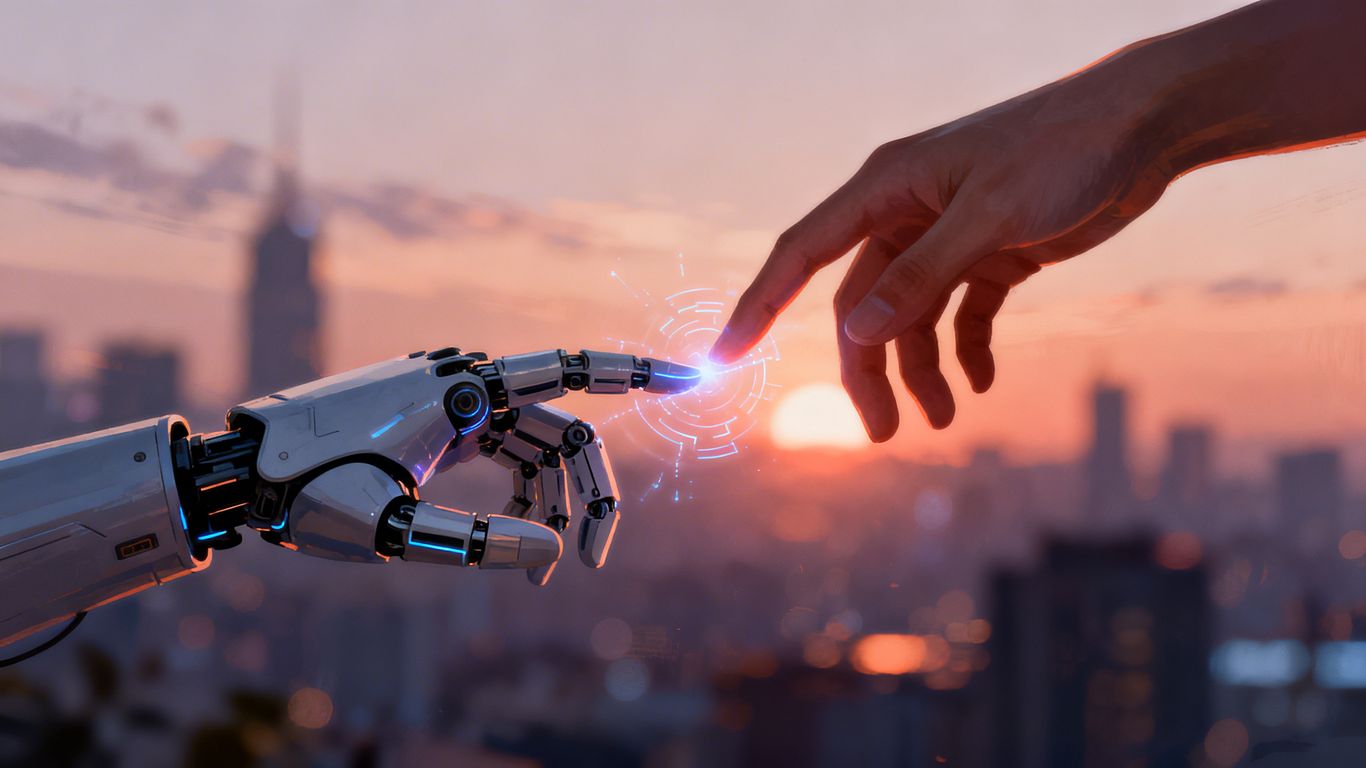 Robot and human hands connecting, digital glow, cityscape background.