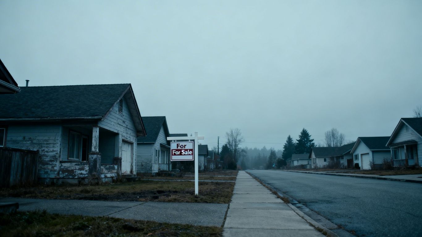 Empty street with 'For Sale' sign, British Columbia housing market downturn.