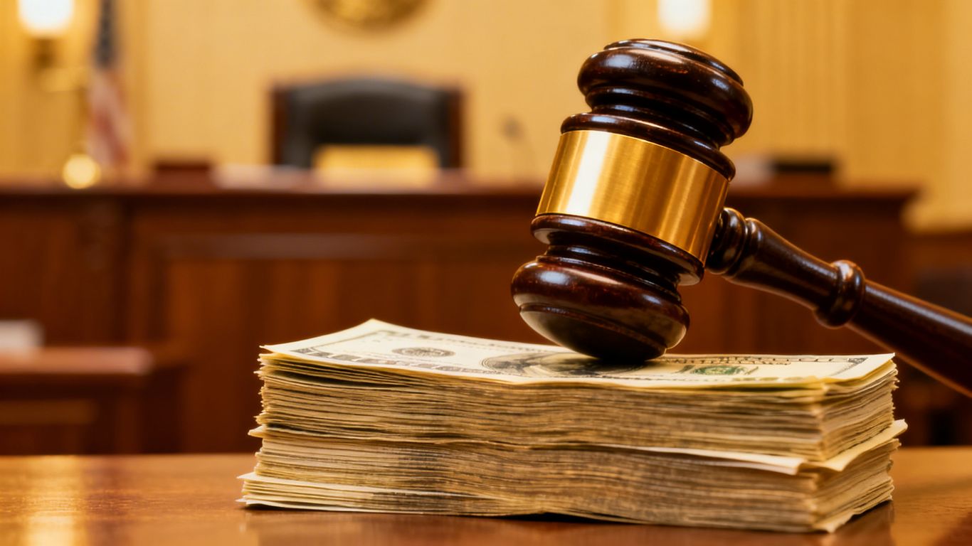 Gavel striking money in courtroom setting.