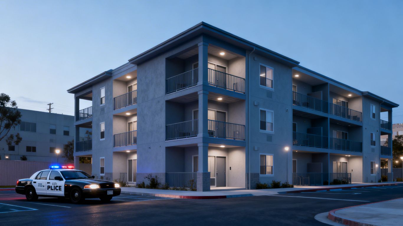 Supportive housing building with police car nearby.