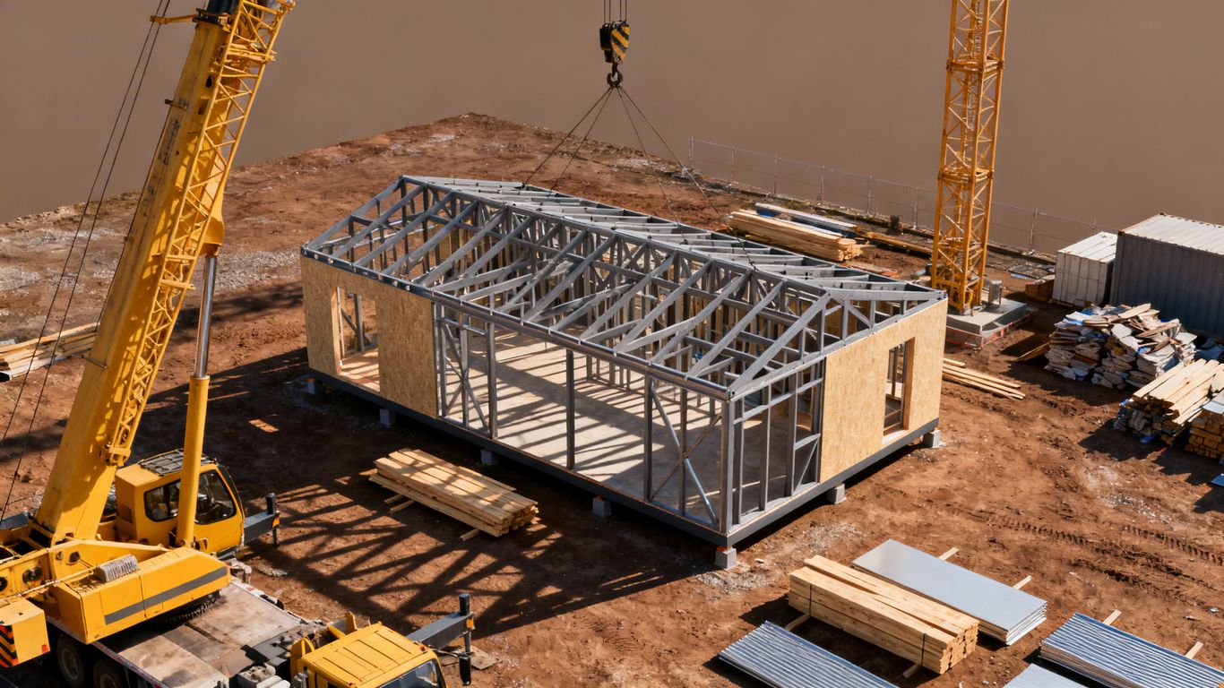 Prefabricated house under construction with building materials.