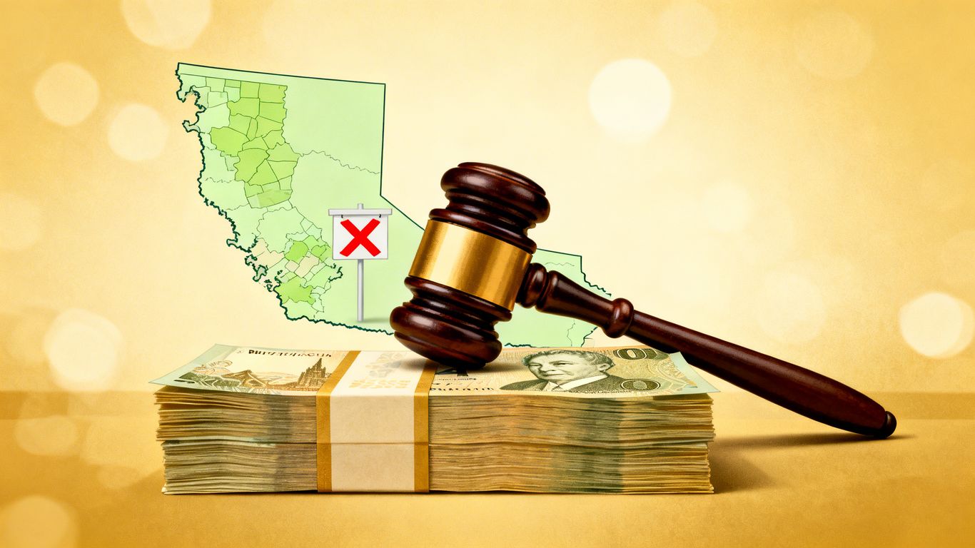 Gavel hitting money, BC map, rural land access penalty.