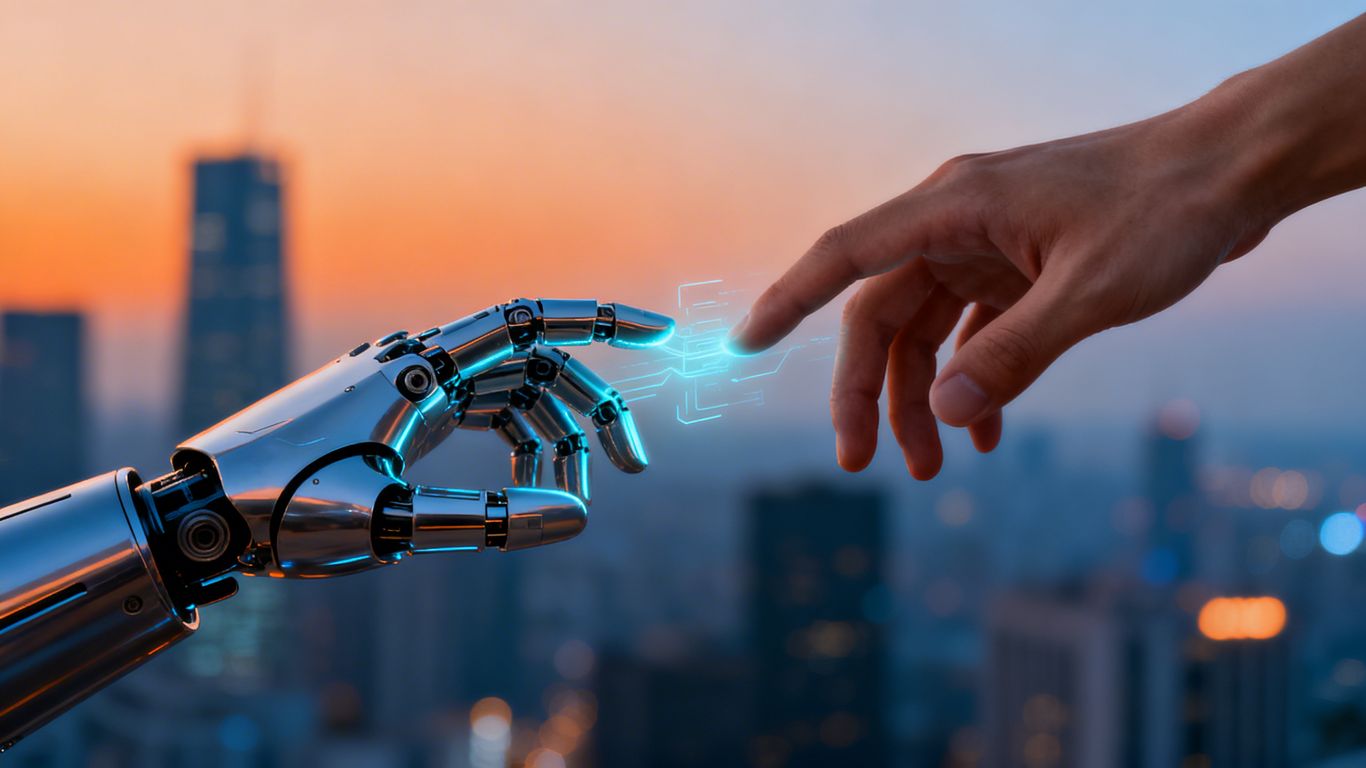 Robot and human hands connecting, digital glow, cityscape background.
