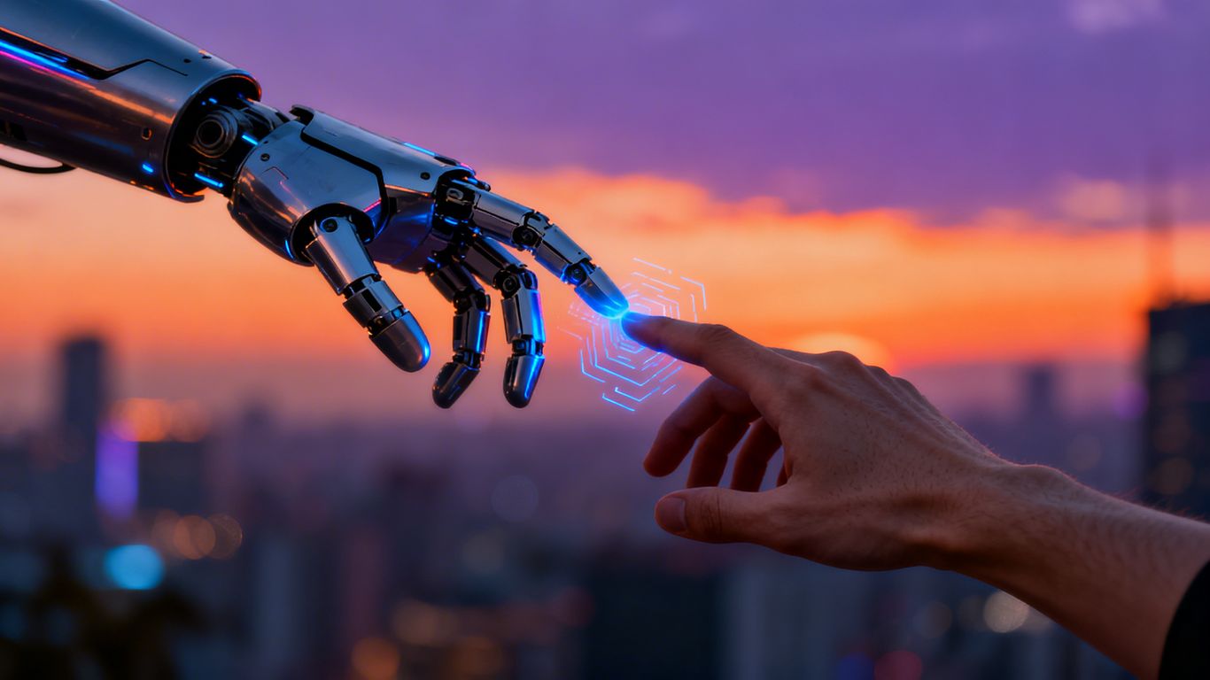 Robot and human hands connecting, digital glow, cityscape background.