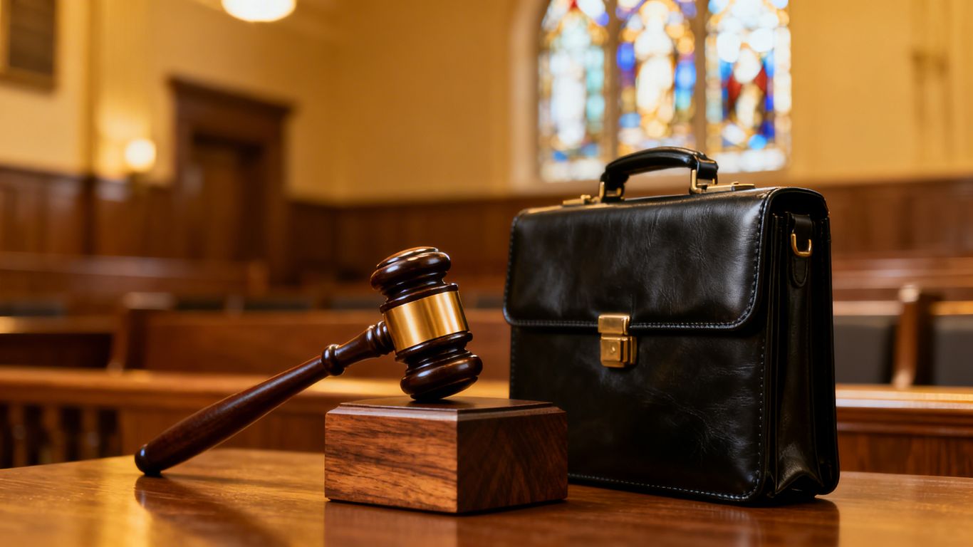 Gavel striking block, legal victory, briefcase, courtroom.