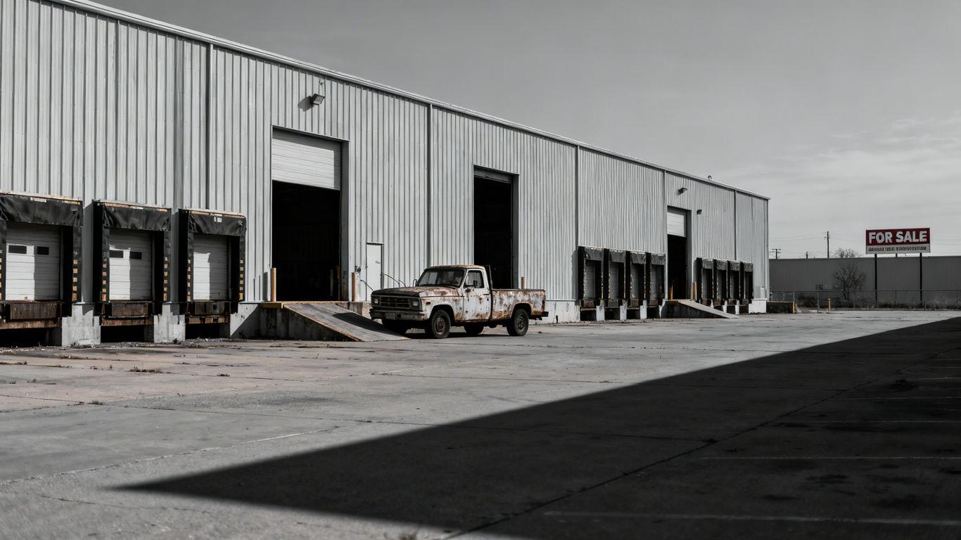 Industrial warehouse with 'For Sale' sign, overcast sky.