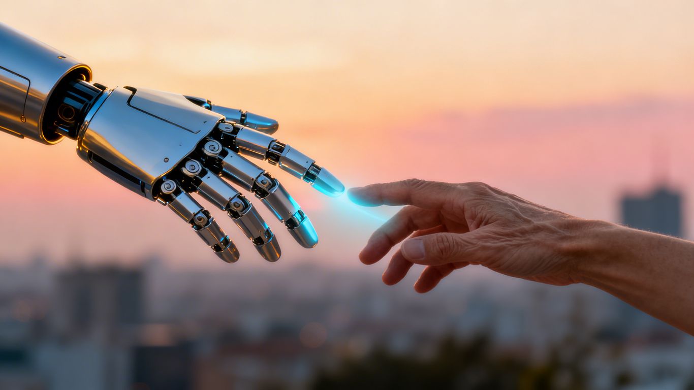 Robot and human hands connecting, cityscape background.