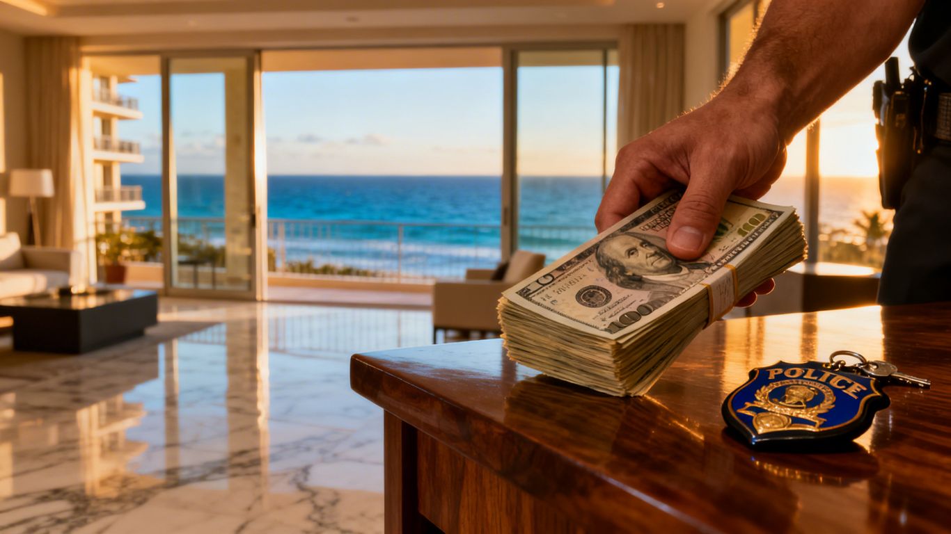 Resort condo, money, and police badge hinting at a foiled fraud.