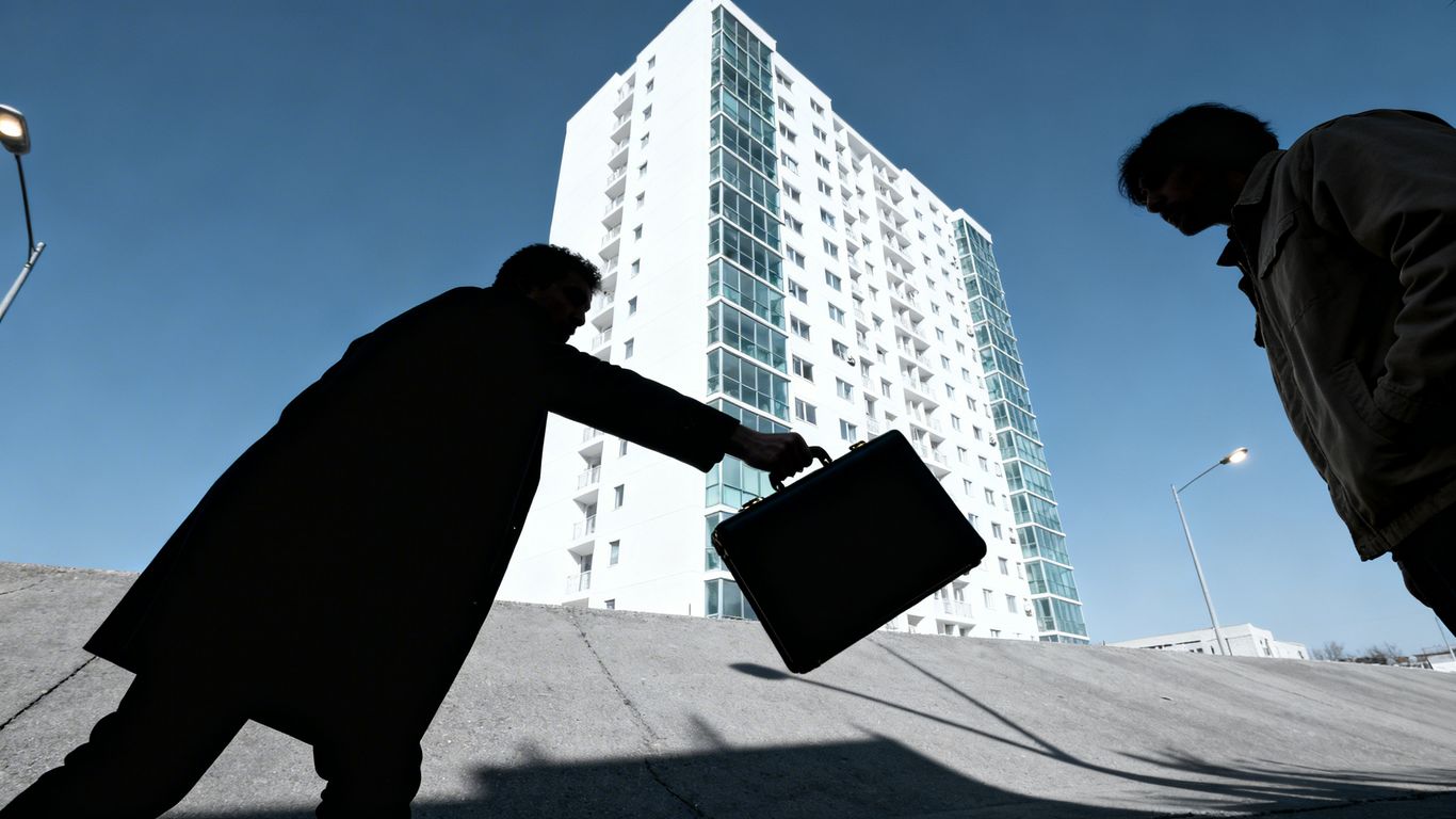 White condo building with shadowy figures exchanging a briefcase.