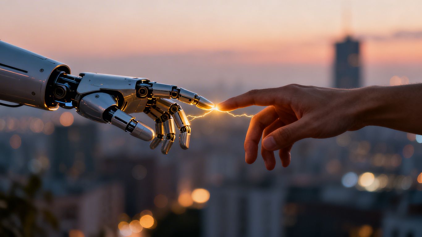 Robot and human hands connecting, cityscape background.