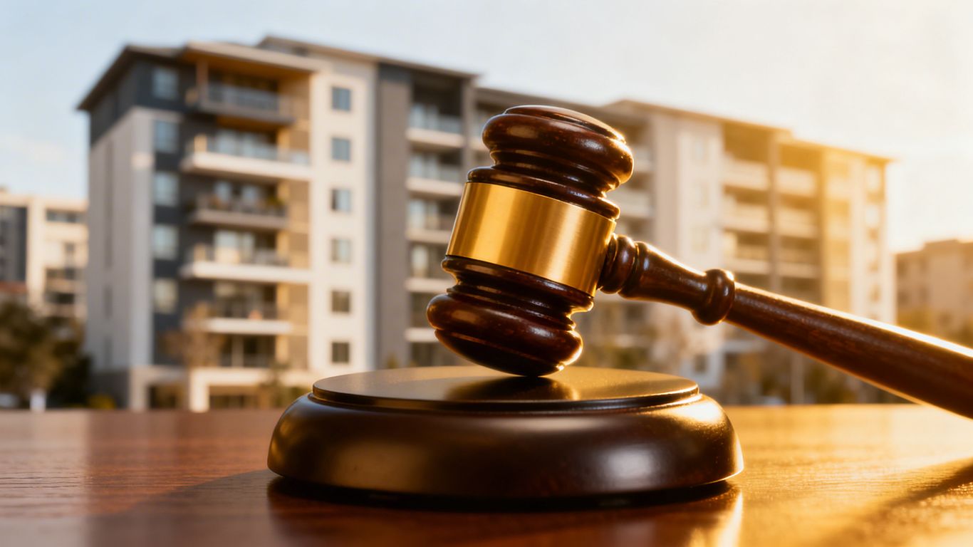 Gavel striking block near condo building