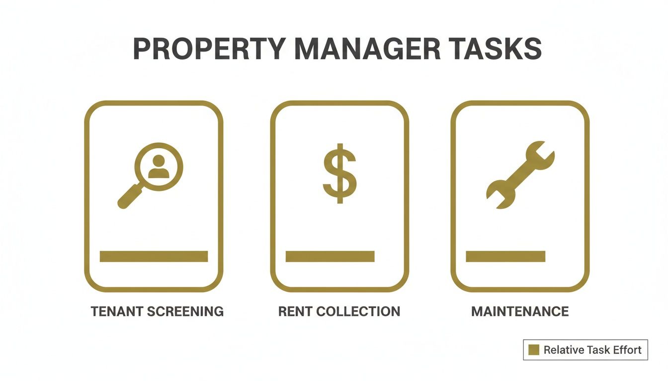 Infographic showing property manager tasks: tenant screening, rent collection, and maintenance, with relative effort indicators.