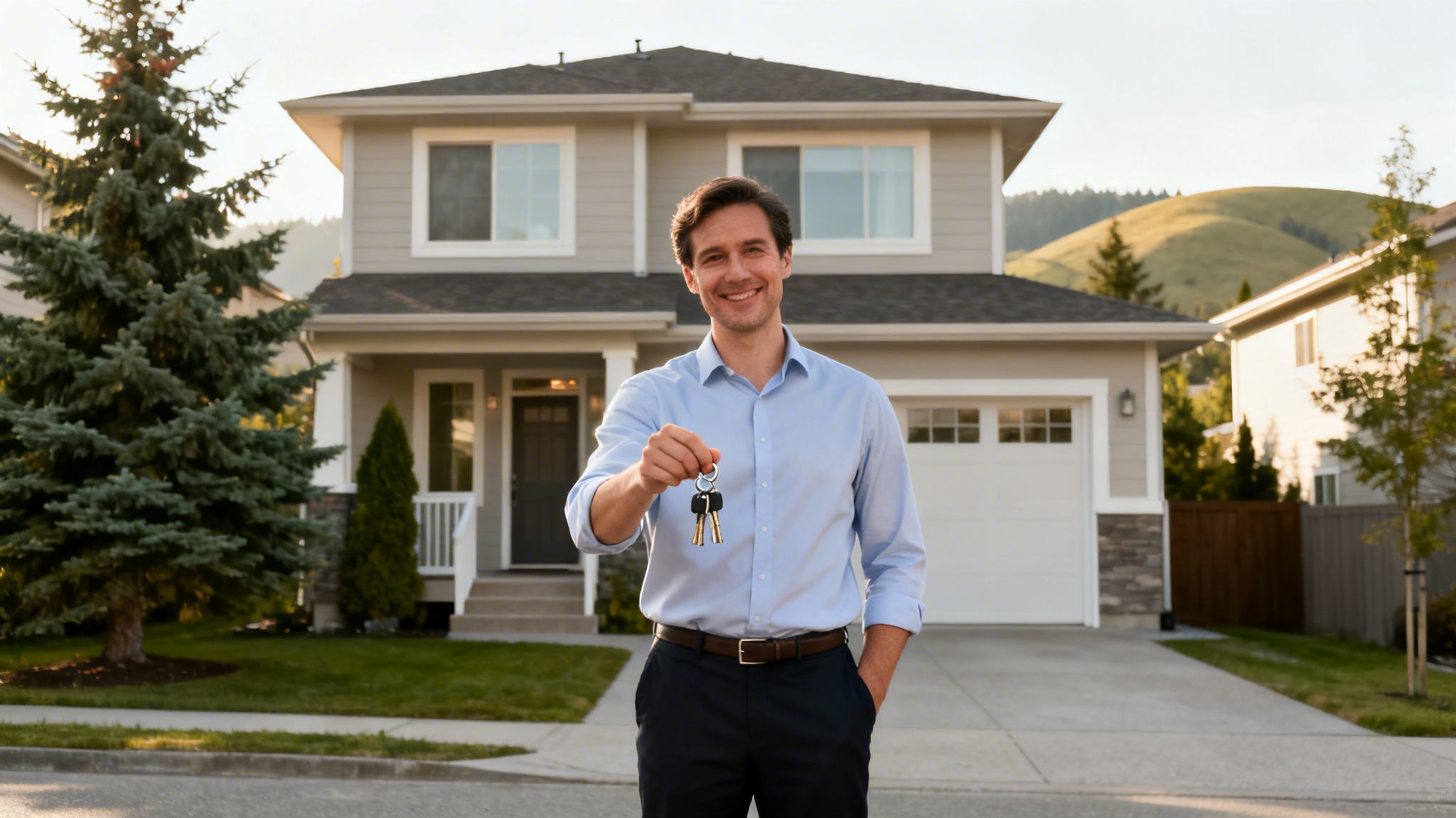 A smiling man holding house keys stands in front of a modern suburban home.