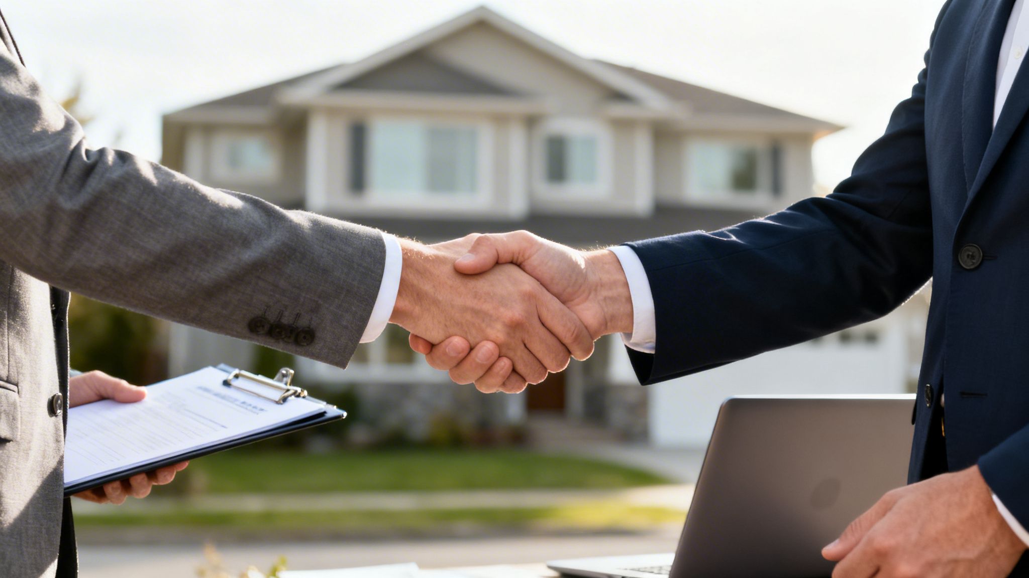Two men in suits shake hands, finalizing a property deal in front of a modern house.