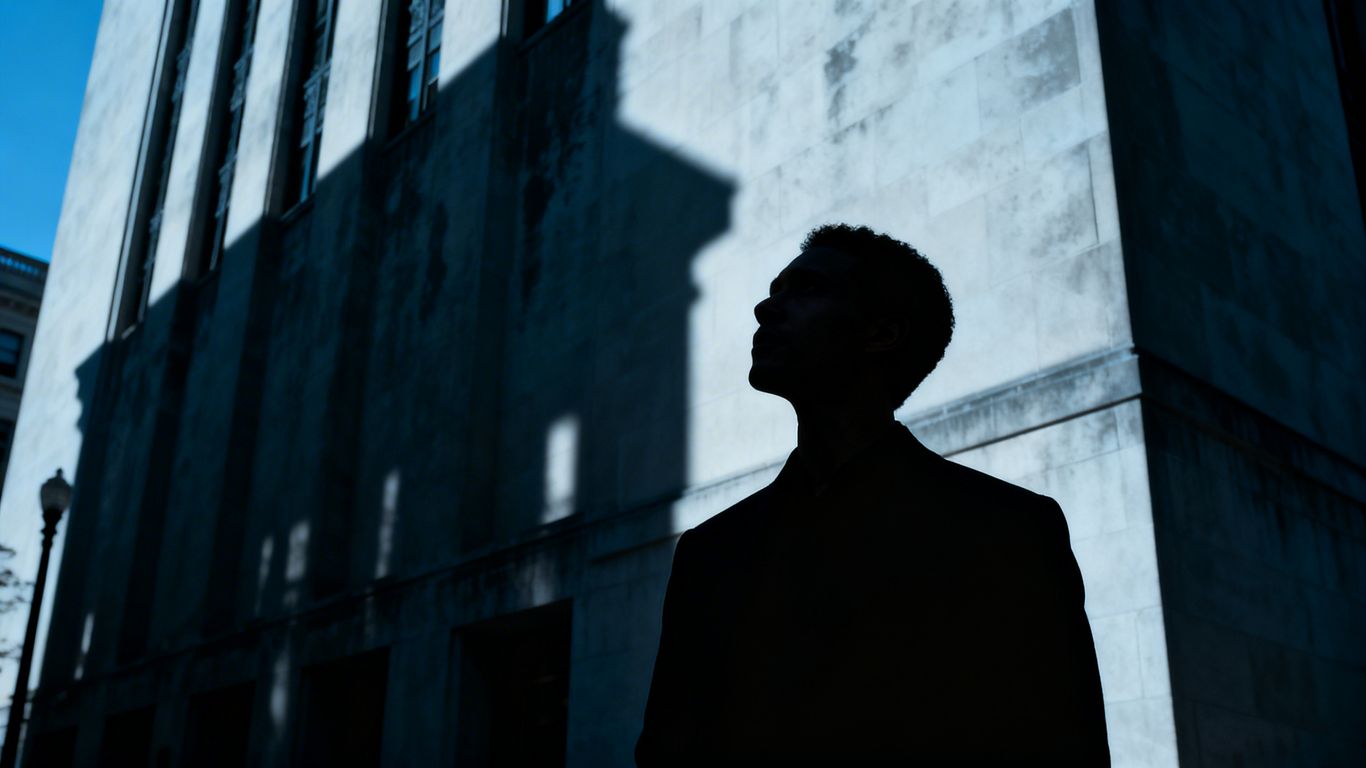 Government building with a critical figure observing.