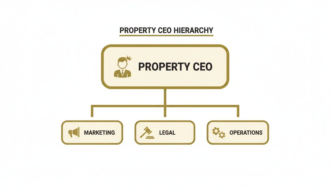 An organizational chart showing the Property CEO at the top, overseeing Marketing, Legal, and Operations departments.