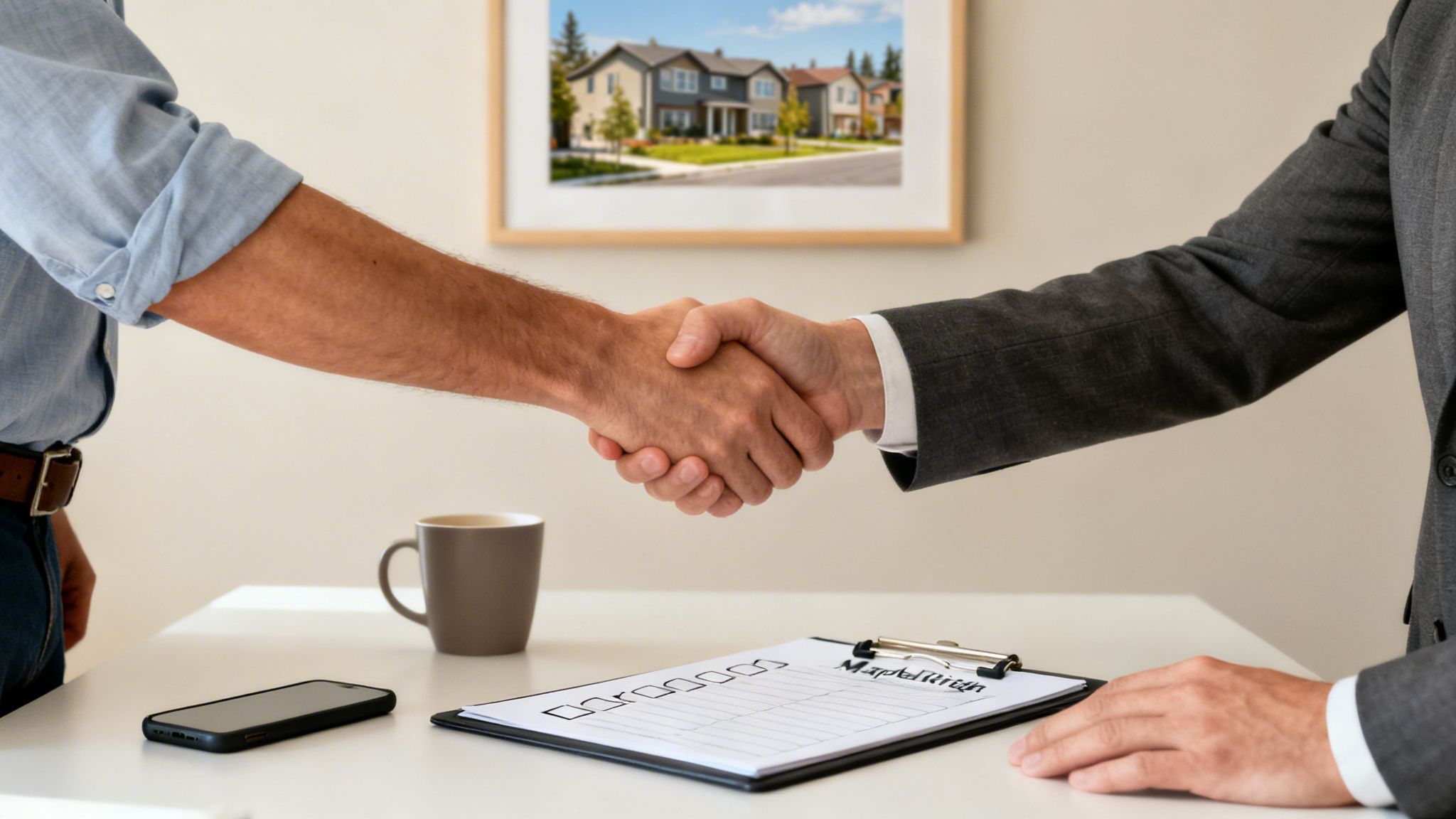 Two men shake hands over a desk with a phone and documents, symbolizing a property deal.