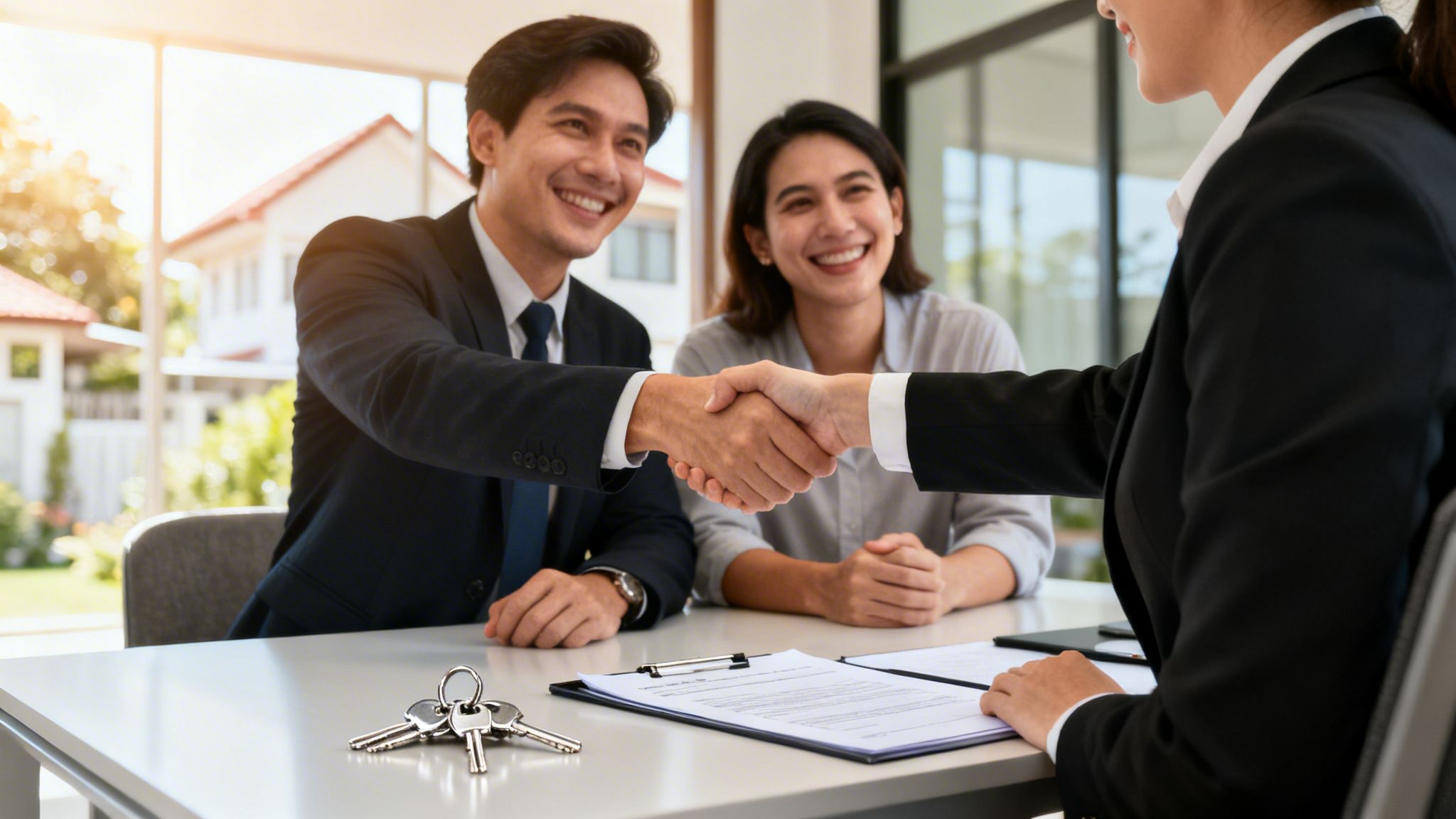 A real estate agent shaking hands with a happy couple after closing a new home sale deal.