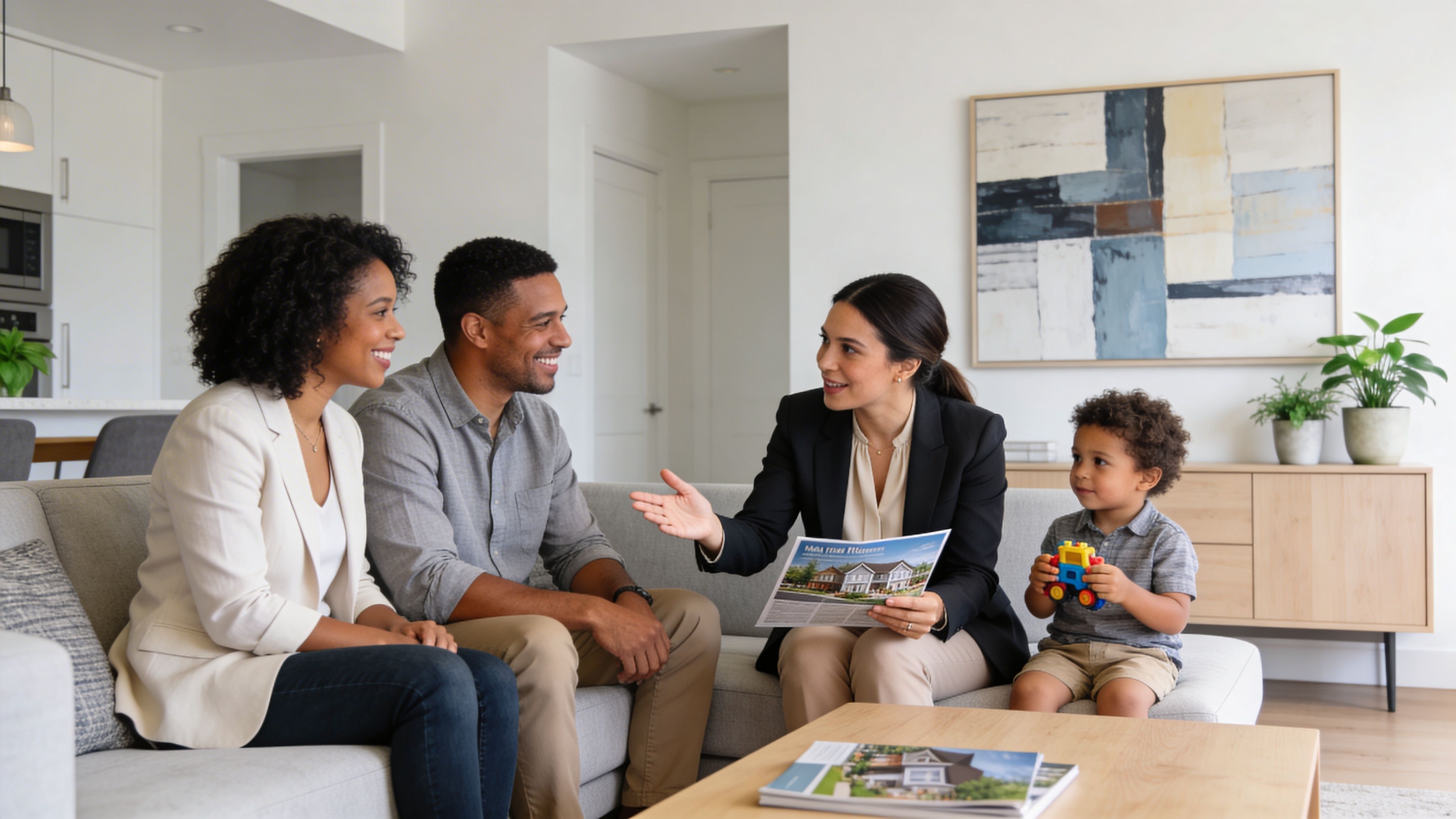 A professional realtor discussing property details with a young couple while their toddler plays nearby.