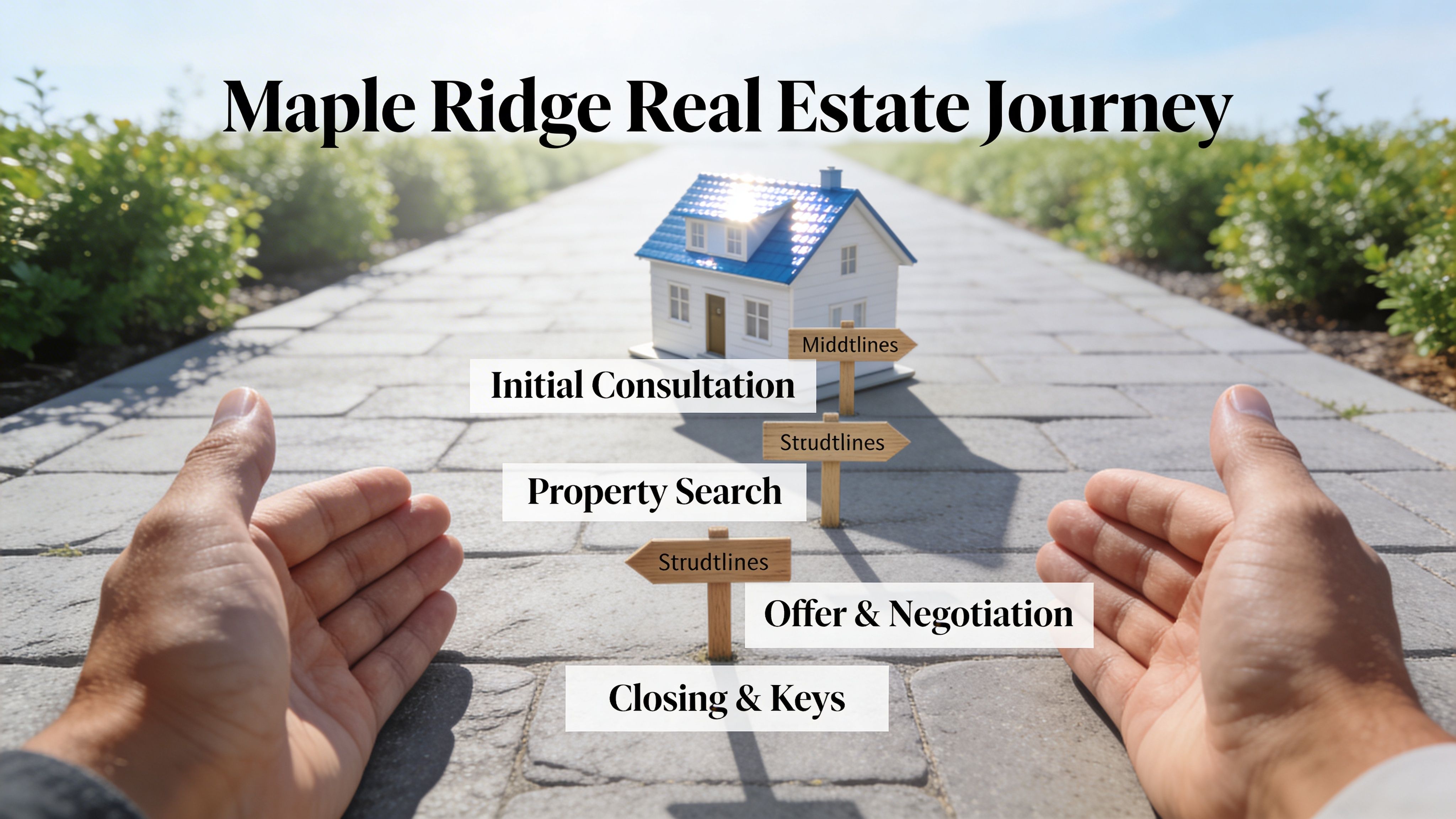 A conceptual guide for the Maple Ridge real estate journey shown with steps on a stone path.
