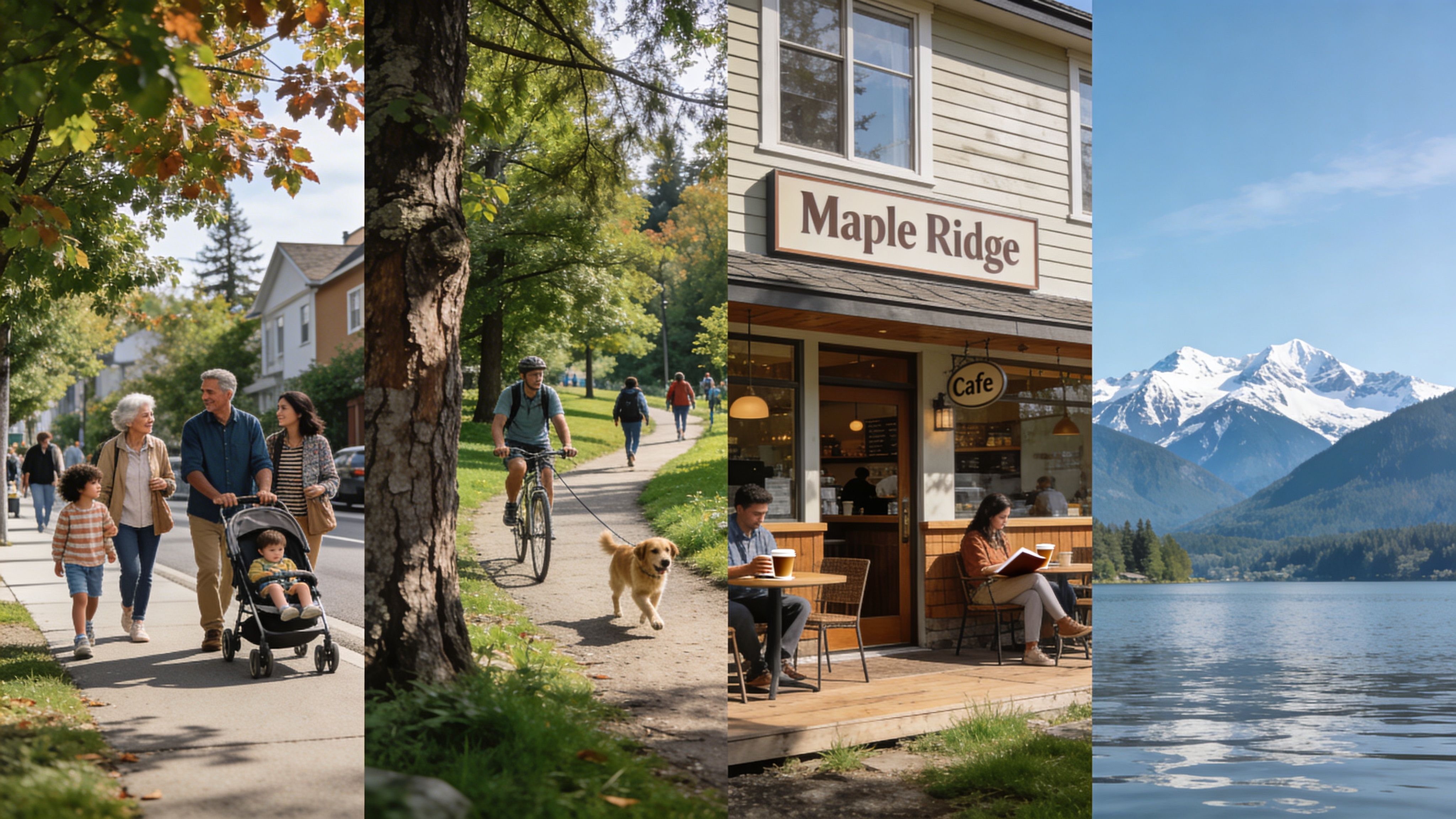 A scenic collage showing a family walking, a cyclist with a dog, a cozy cafe, and mountains.