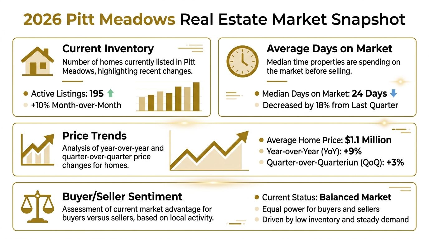 An infographic titled 2026 Pitt Meadows Real Estate Market Snapshot displaying inventory, market time, pricing, and sentiment.