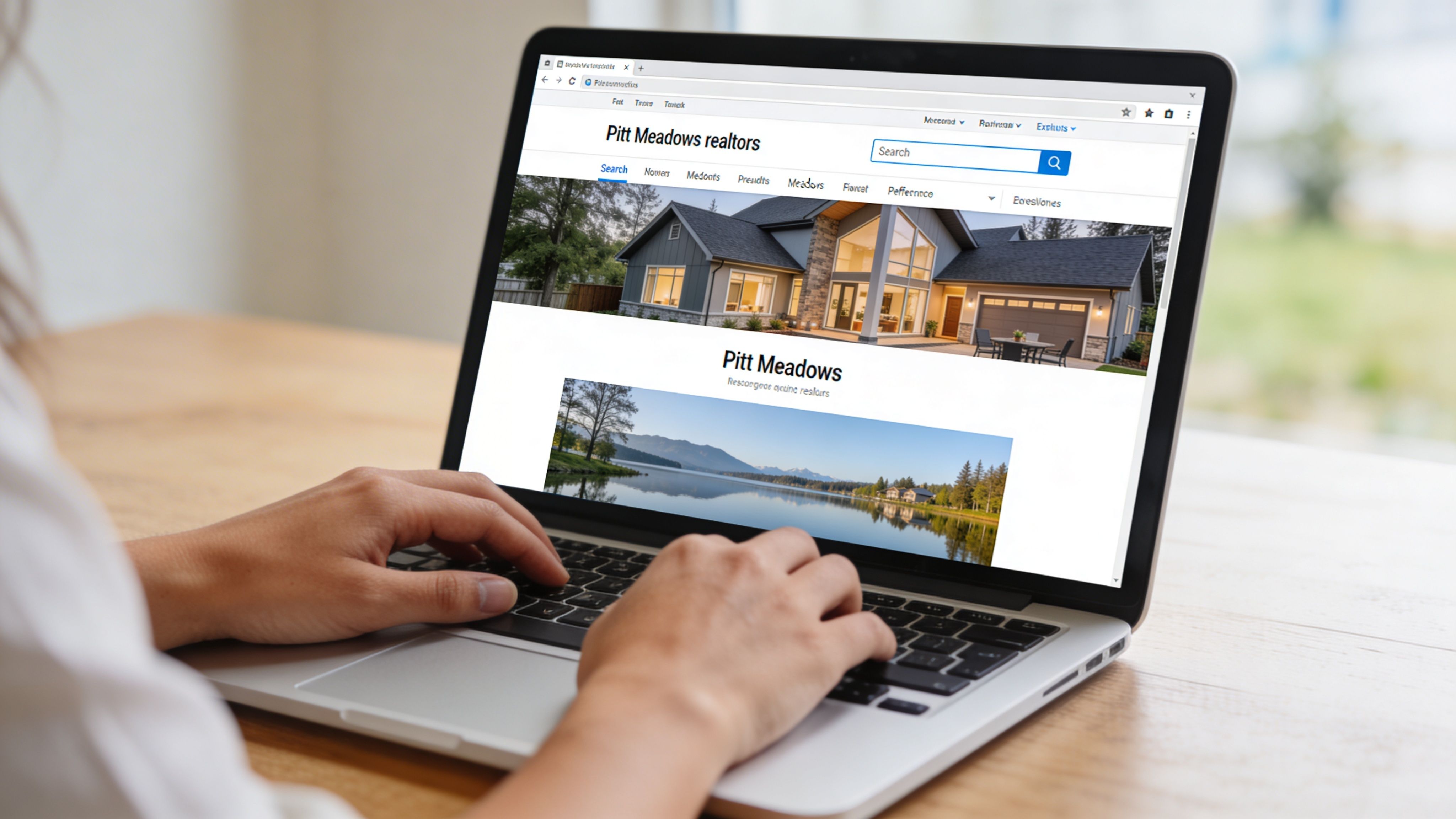 A person using a laptop to search for real estate listings on a Pitt Meadows realtors website.