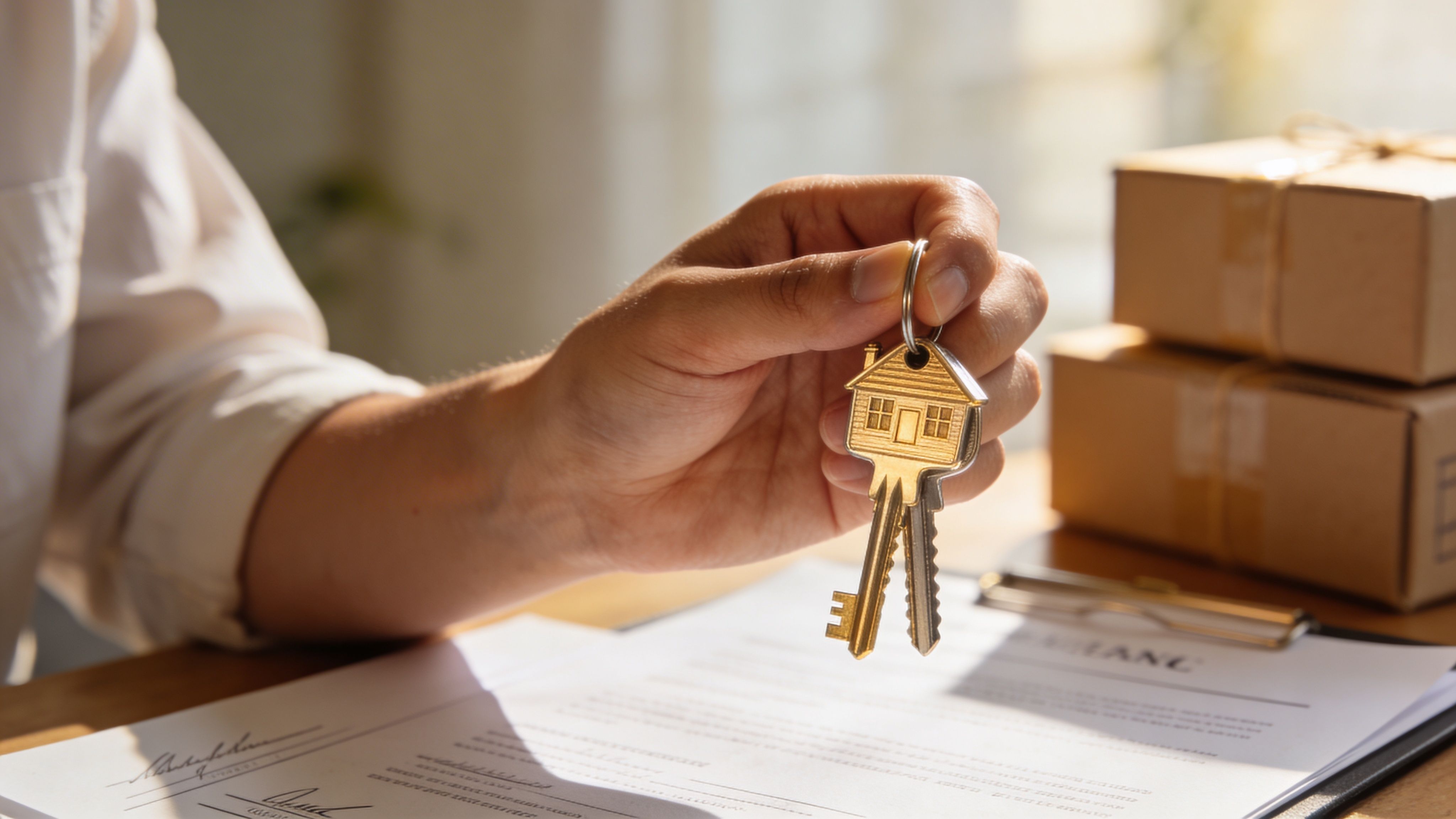 A close-up view of a person's hand holding a set of house-shaped keys over a contract.