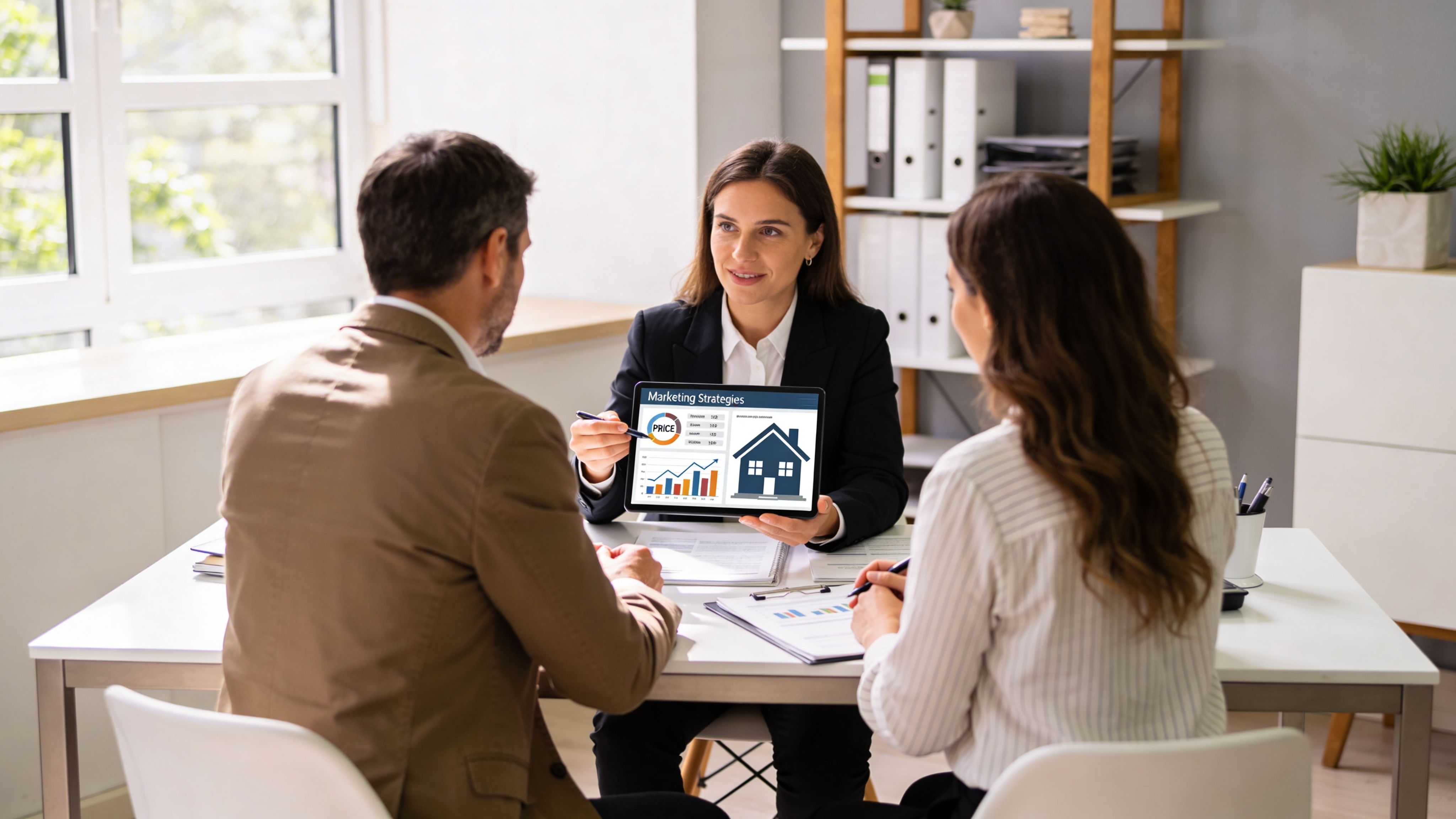 A professional real estate agent presenting marketing strategies on a tablet to a couple in an office.