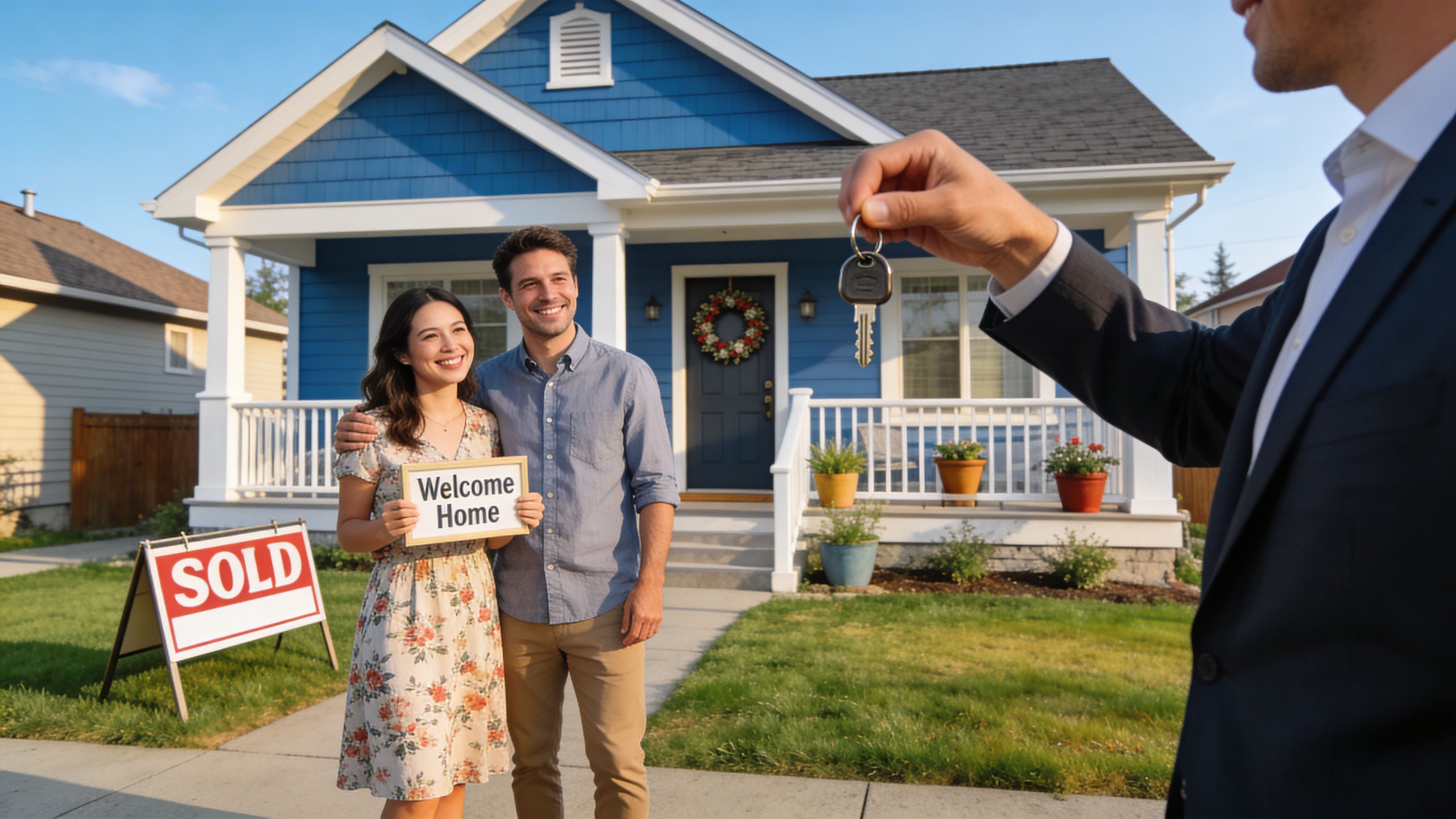 A real estate agent hands house keys to a happy couple standing in front of their new home.