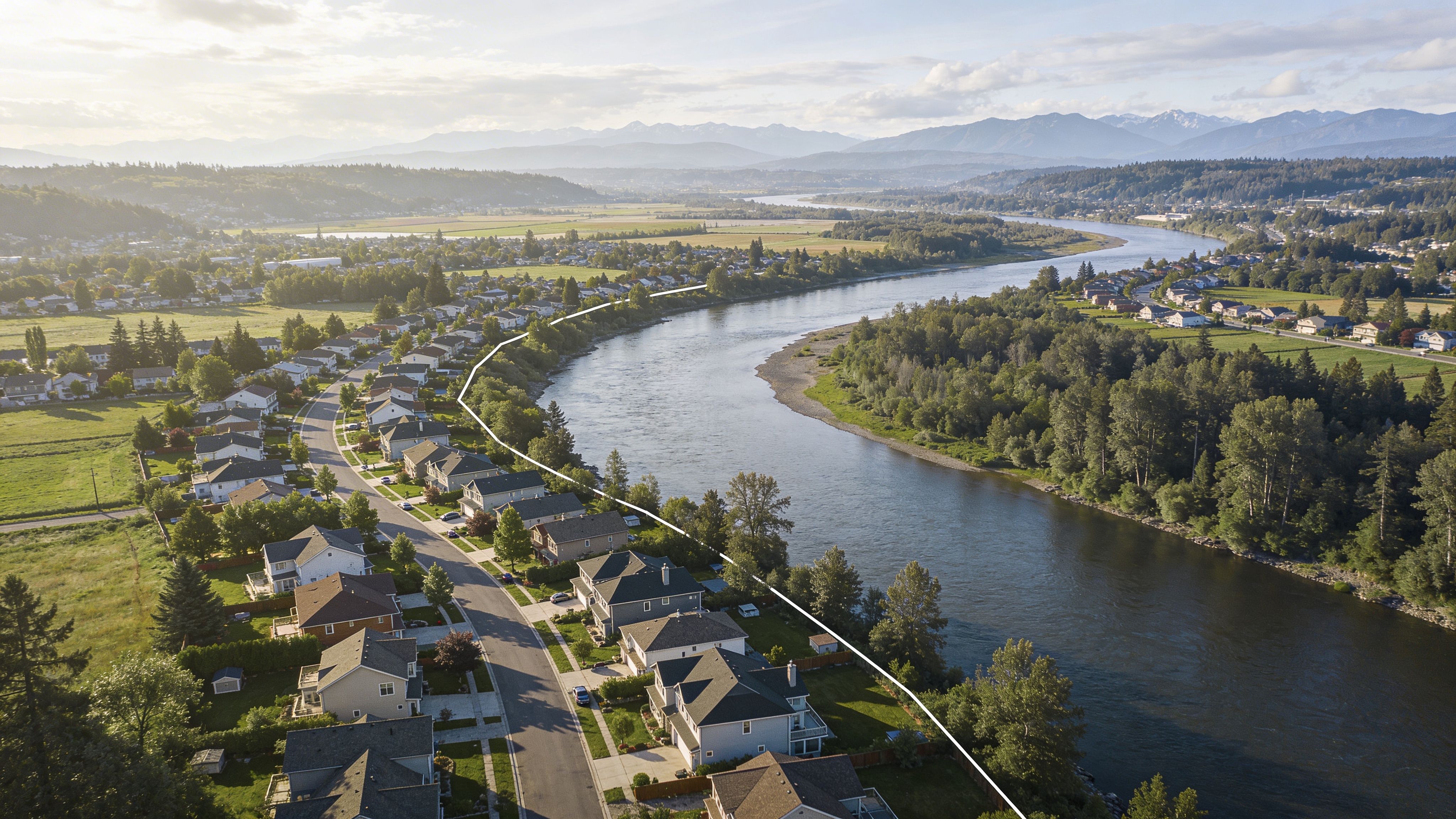 An aerial view of a scenic residential neighborhood nestled alongside a winding river in Pitt Meadows, Canada.