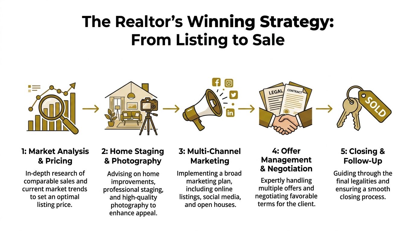 A five-step infographic showing the realtor selling process from market analysis to final closing.