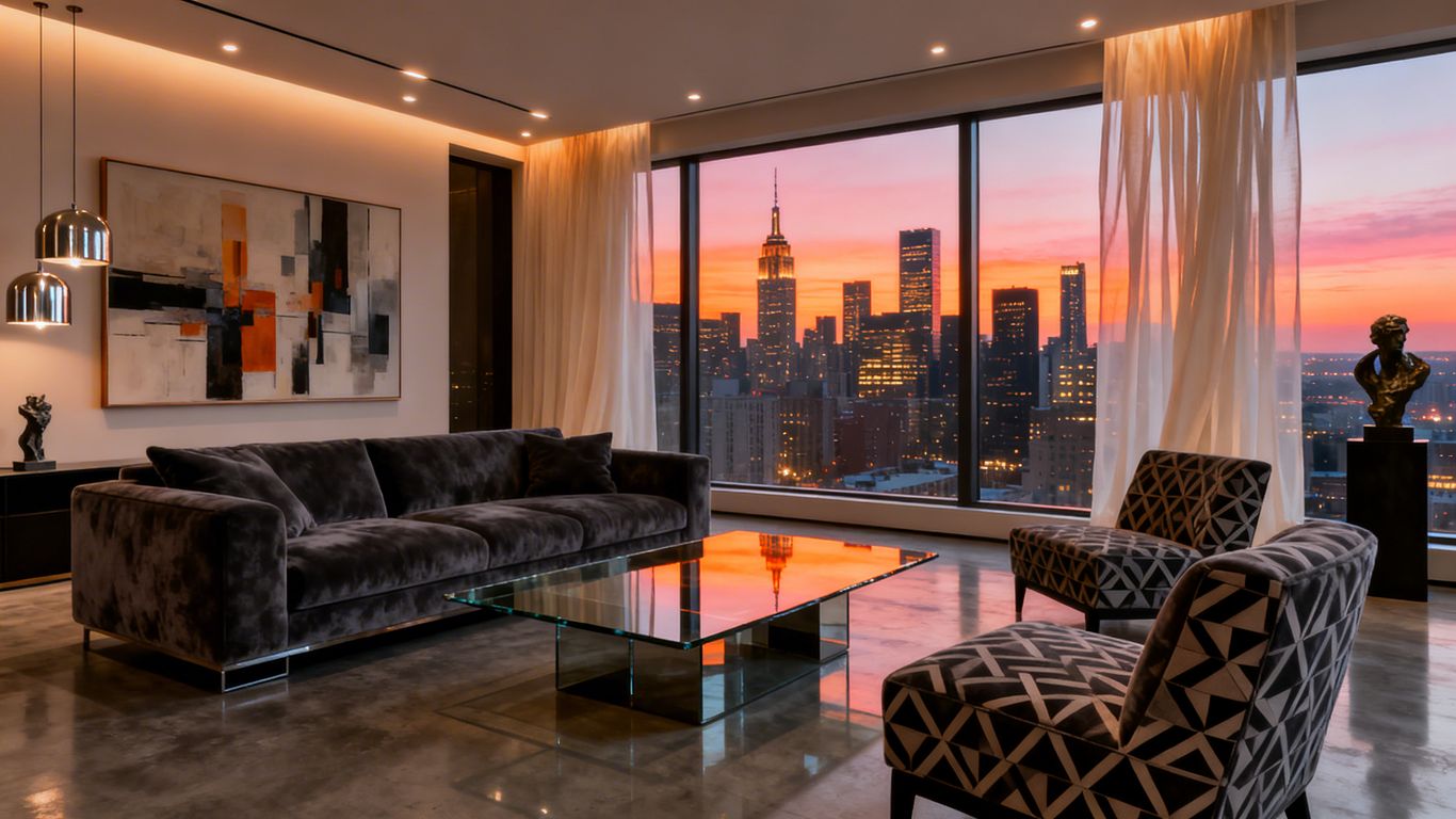 Modern condo interior with city view.