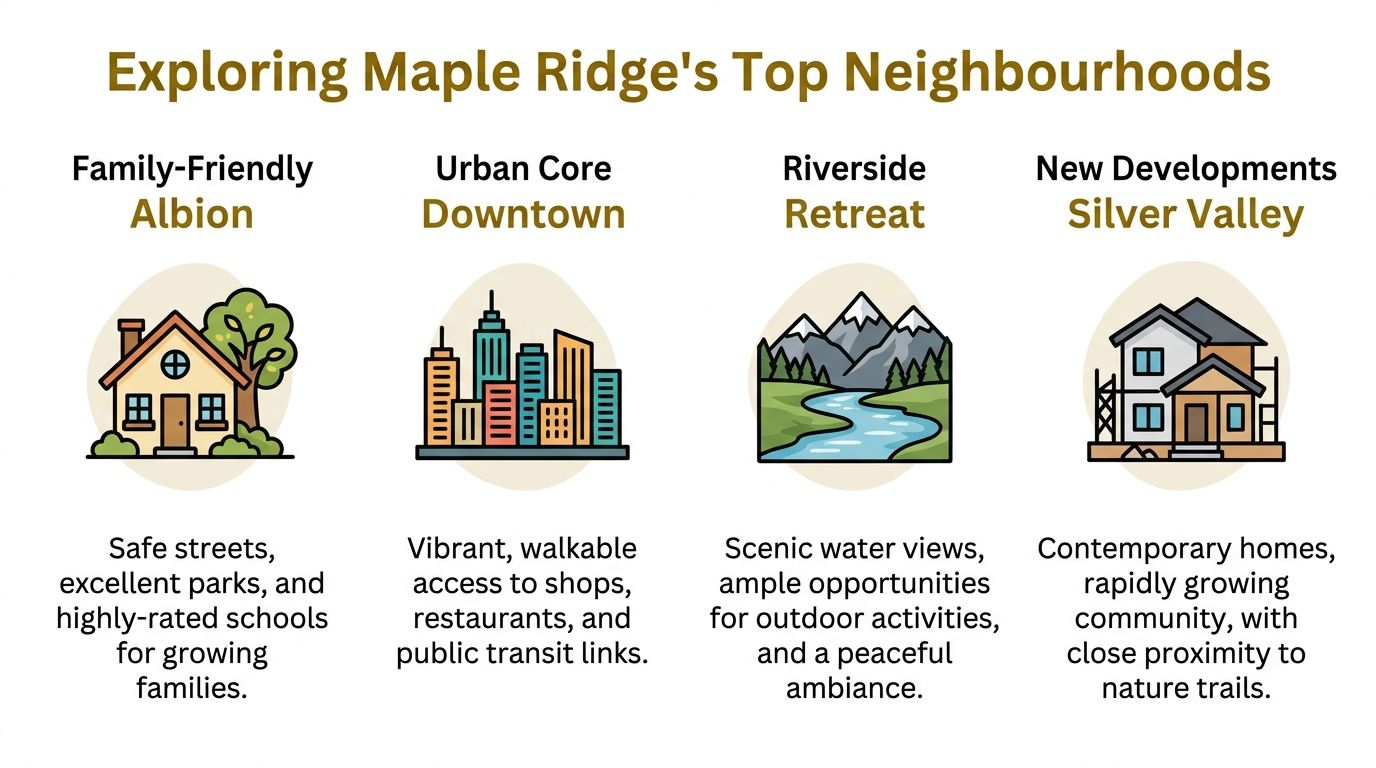 An infographic showing top neighborhoods in Maple Ridge including Albion, Downtown, Riverside, and Silver Valley with descriptions.