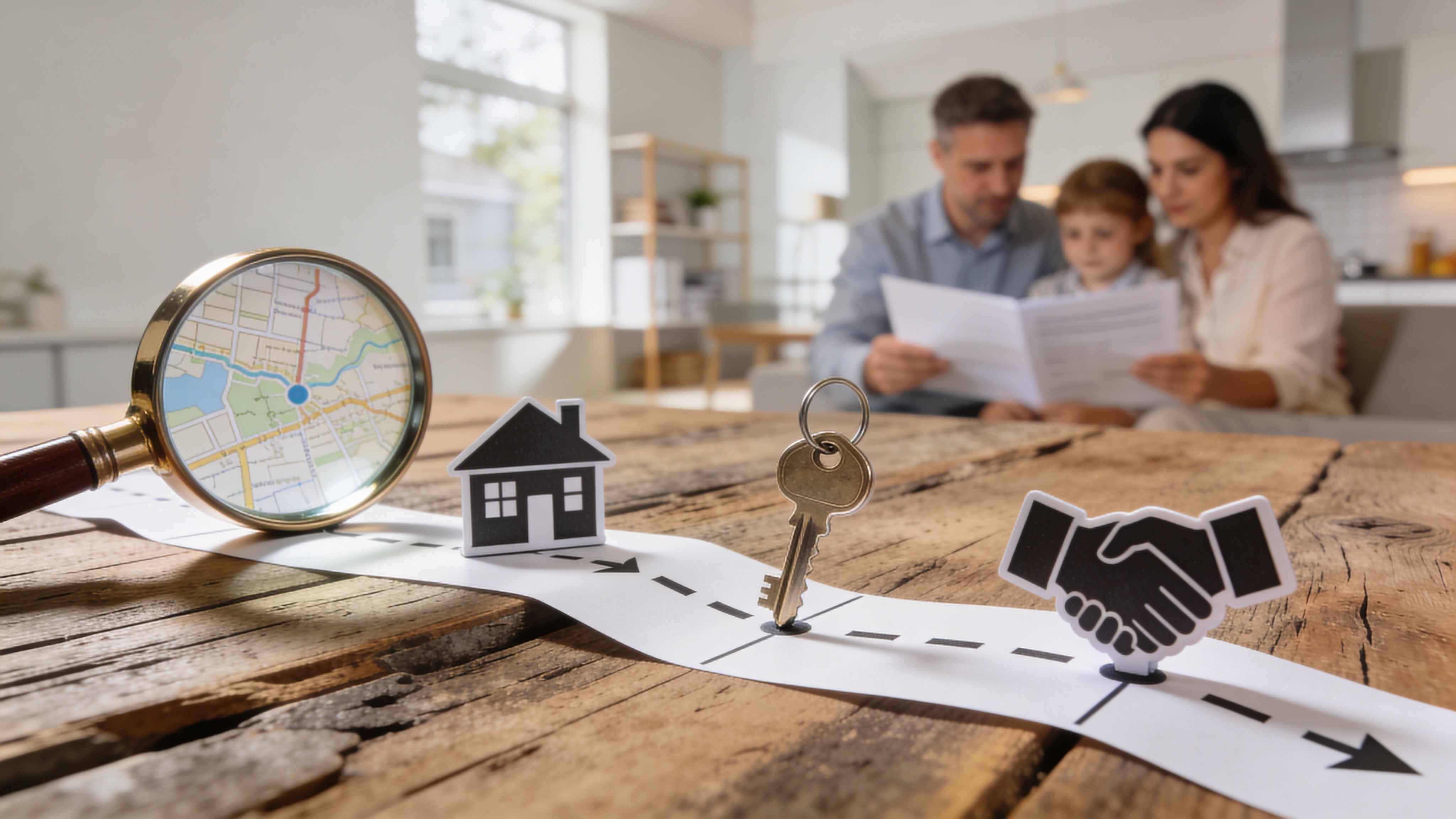 A magnifying glass, house icon, key, and handshake on a path representing the home buying process.