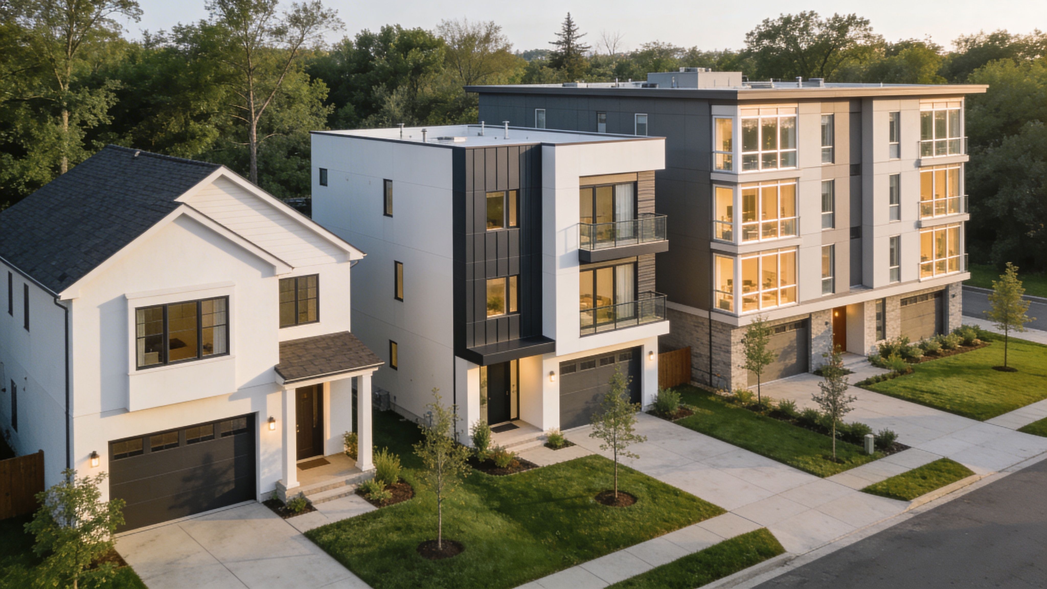 A scenic view of three modern residential houses featuring varying architectural styles, lush landscaping, and driveways.
