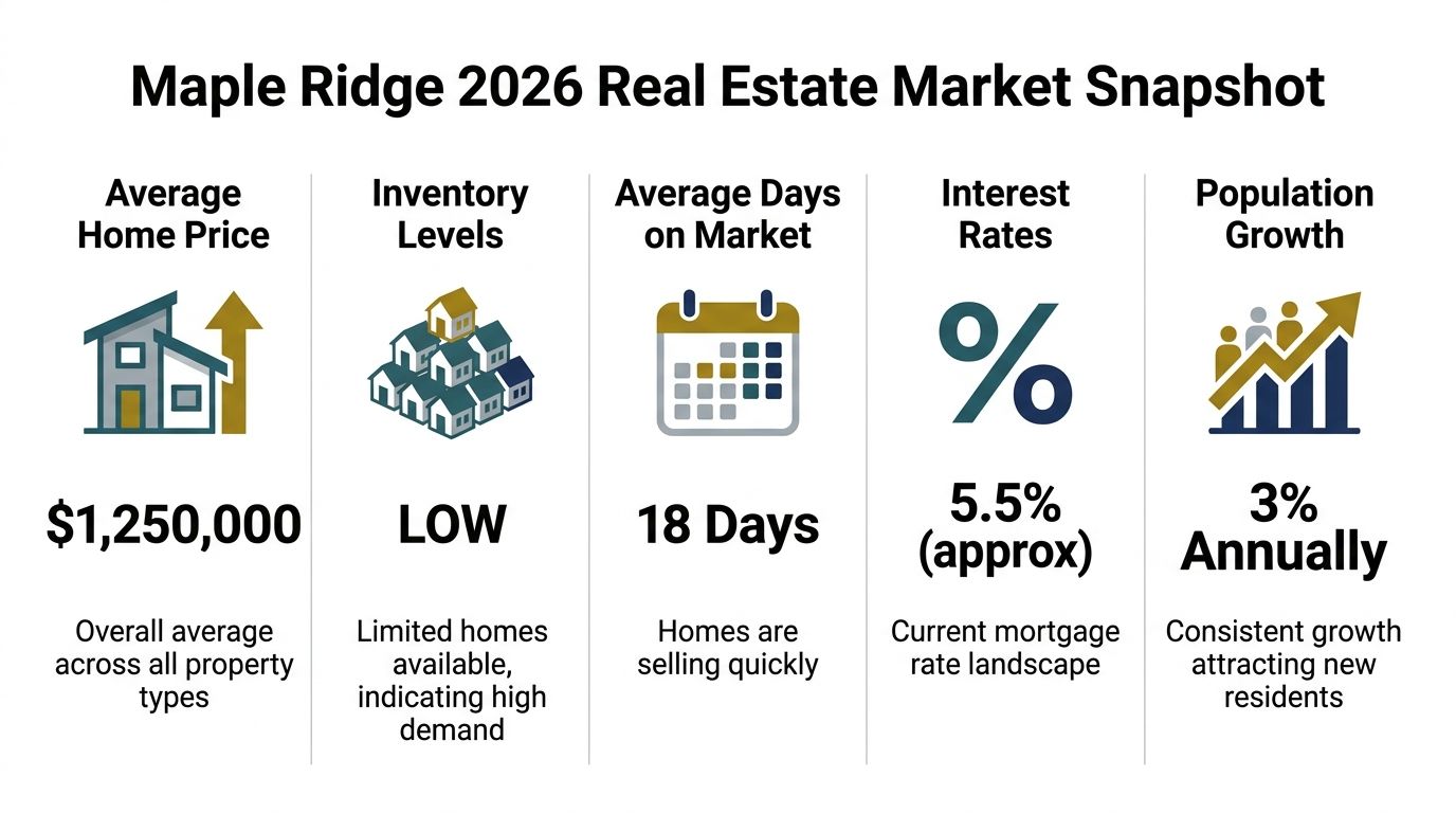 An infographic showing real estate market statistics for Maple Ridge in 2026 including pricing and demand.