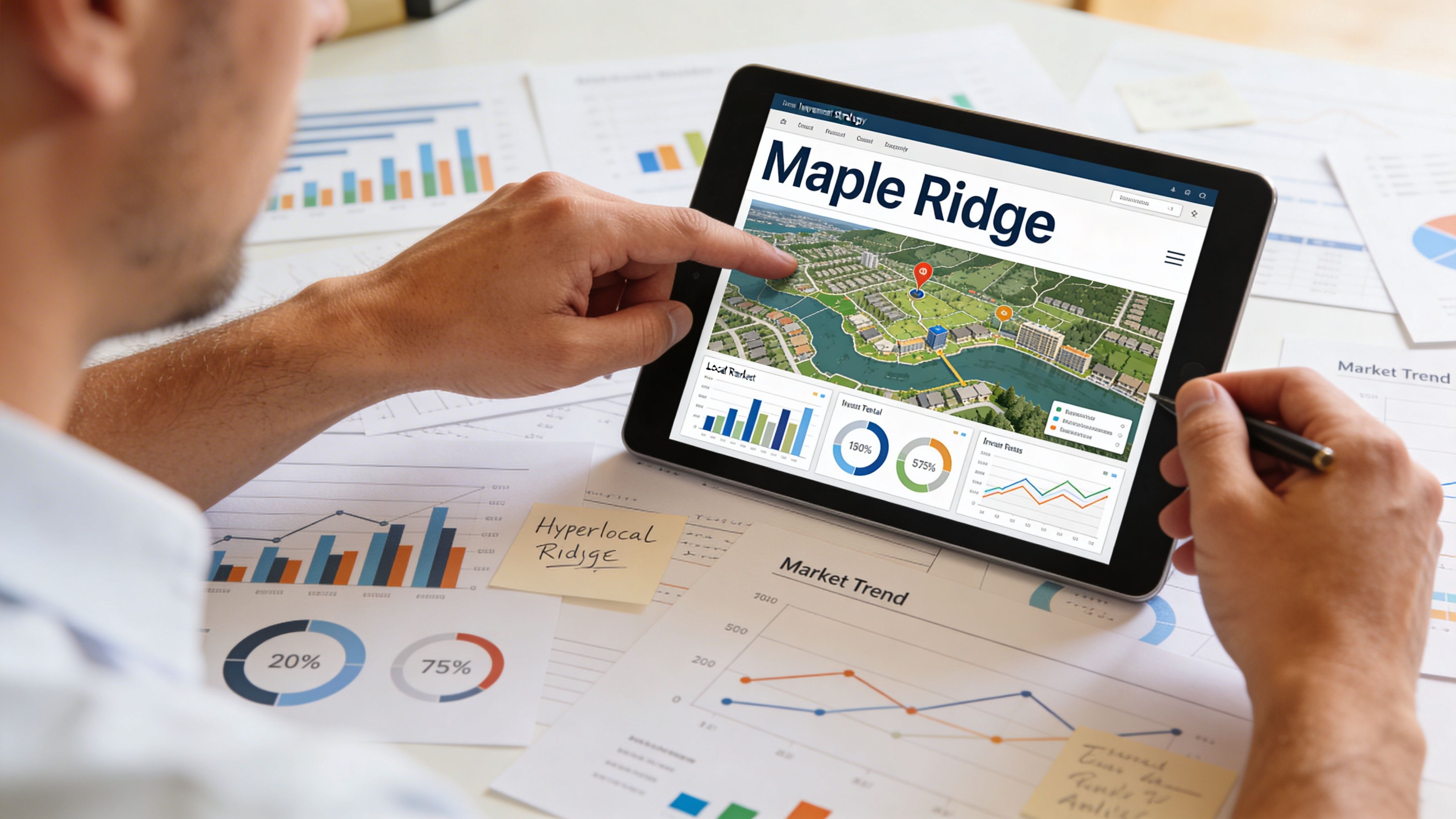 A professional analyzing Maple Ridge property market trends on a tablet surrounded by analytical charts and documents.