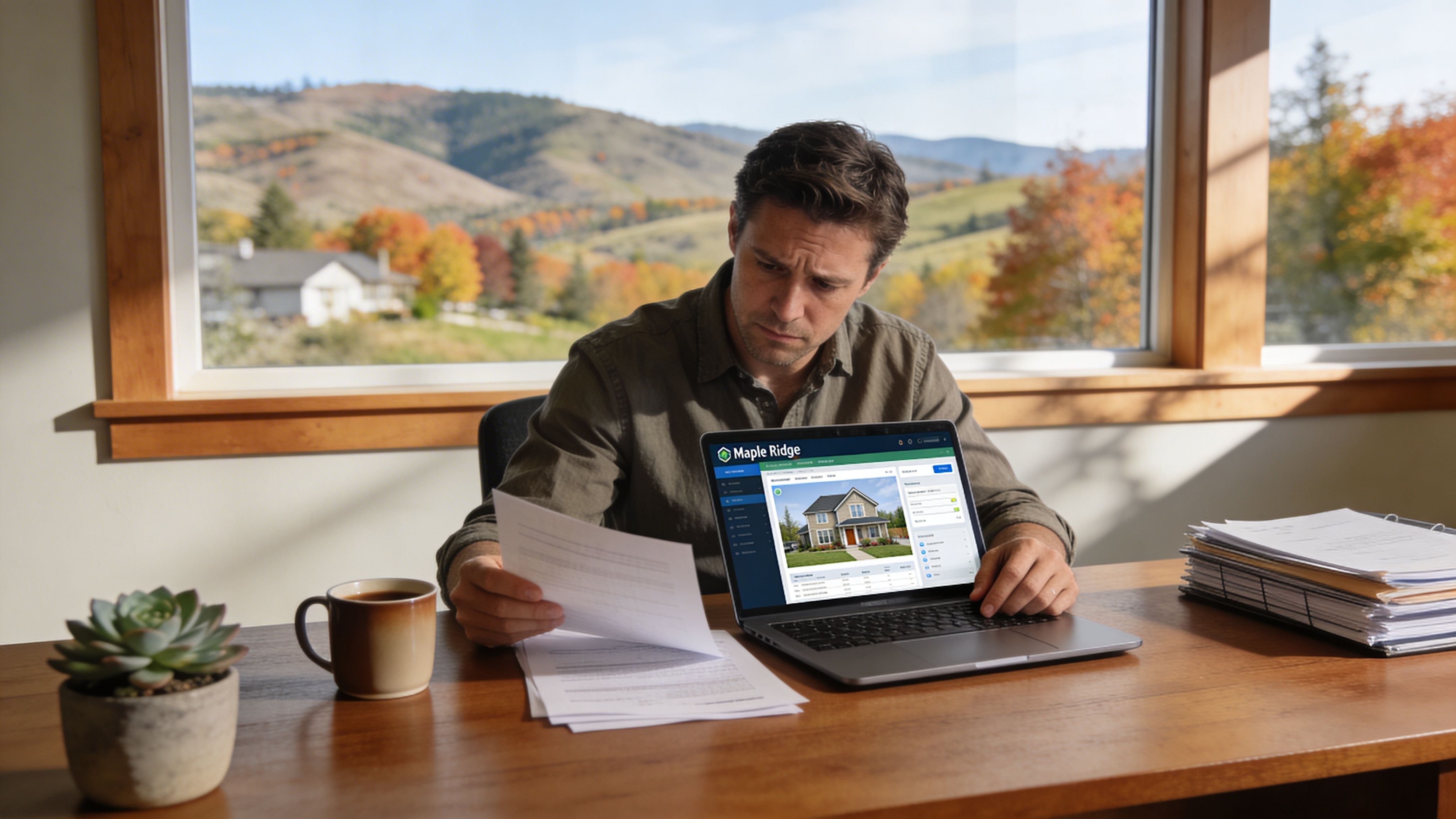 A focused man reviews documents while looking at a Maple Ridge property management website on his laptop.