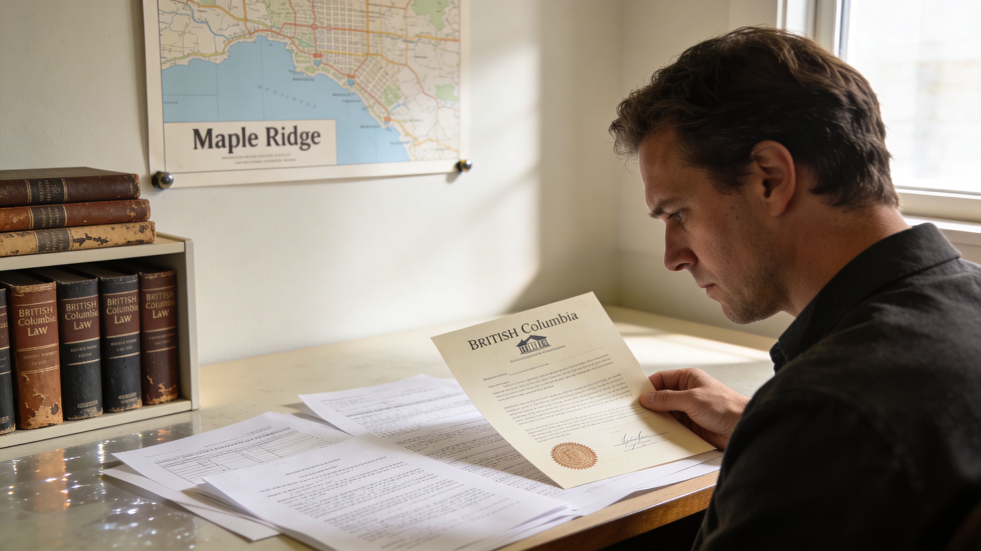 A man focused on reviewing legal documents in an office with a map of Maple Ridge displayed.
