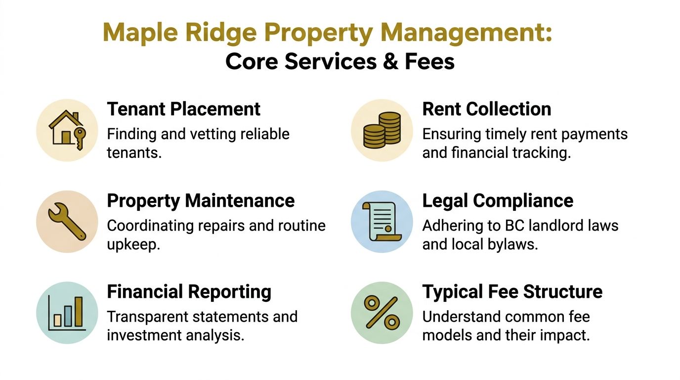 An infographic listing the core services and property management fees offered by Maple Ridge Property Management.