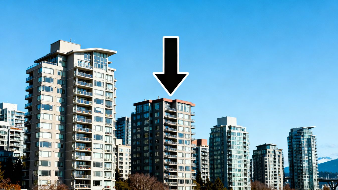 Vancouver skyline with a downward arrow indicating rent decrease.